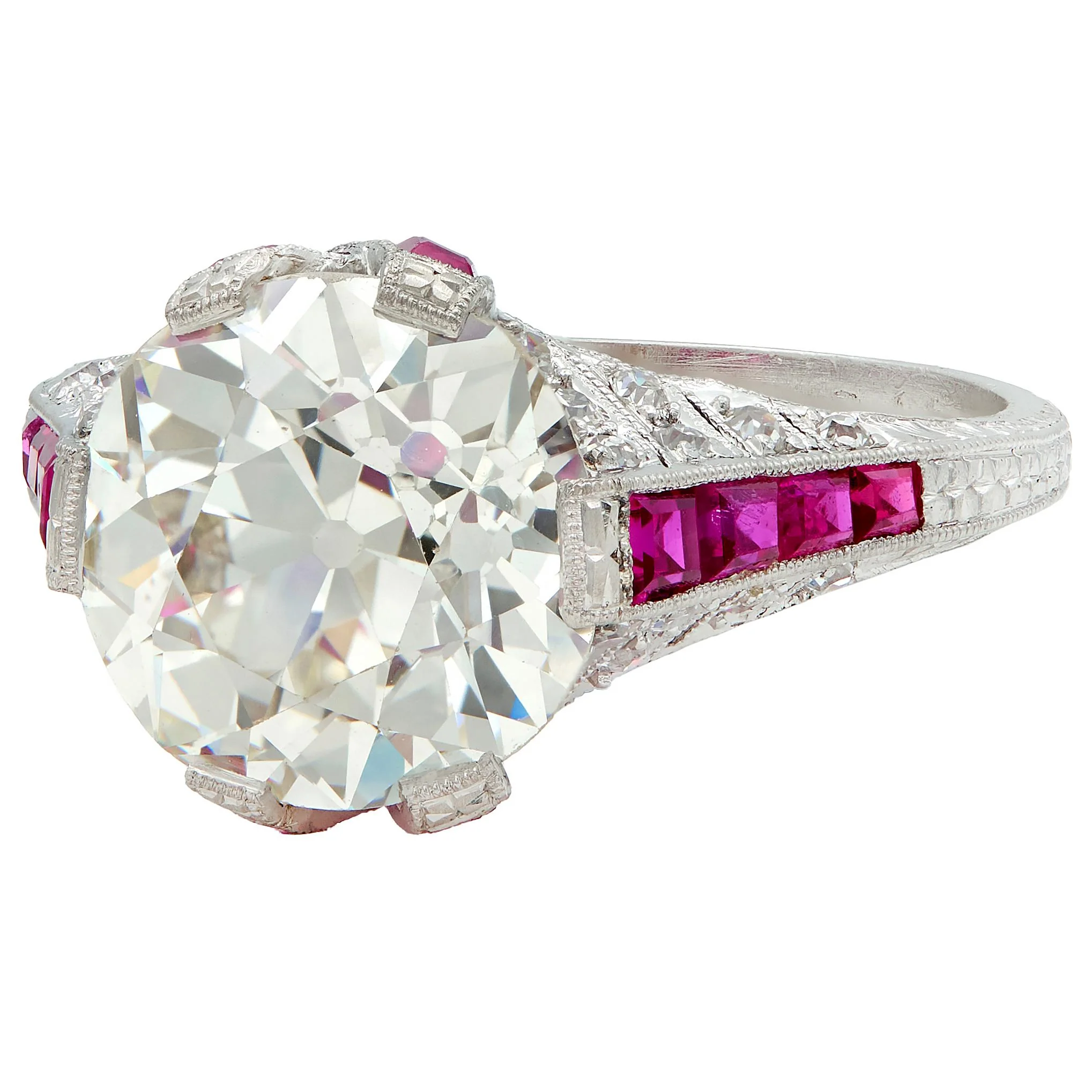 Art Deco 6.43 CTW Old European Diamond Ruby Platinum X Engagement Ring GIA - Image 6