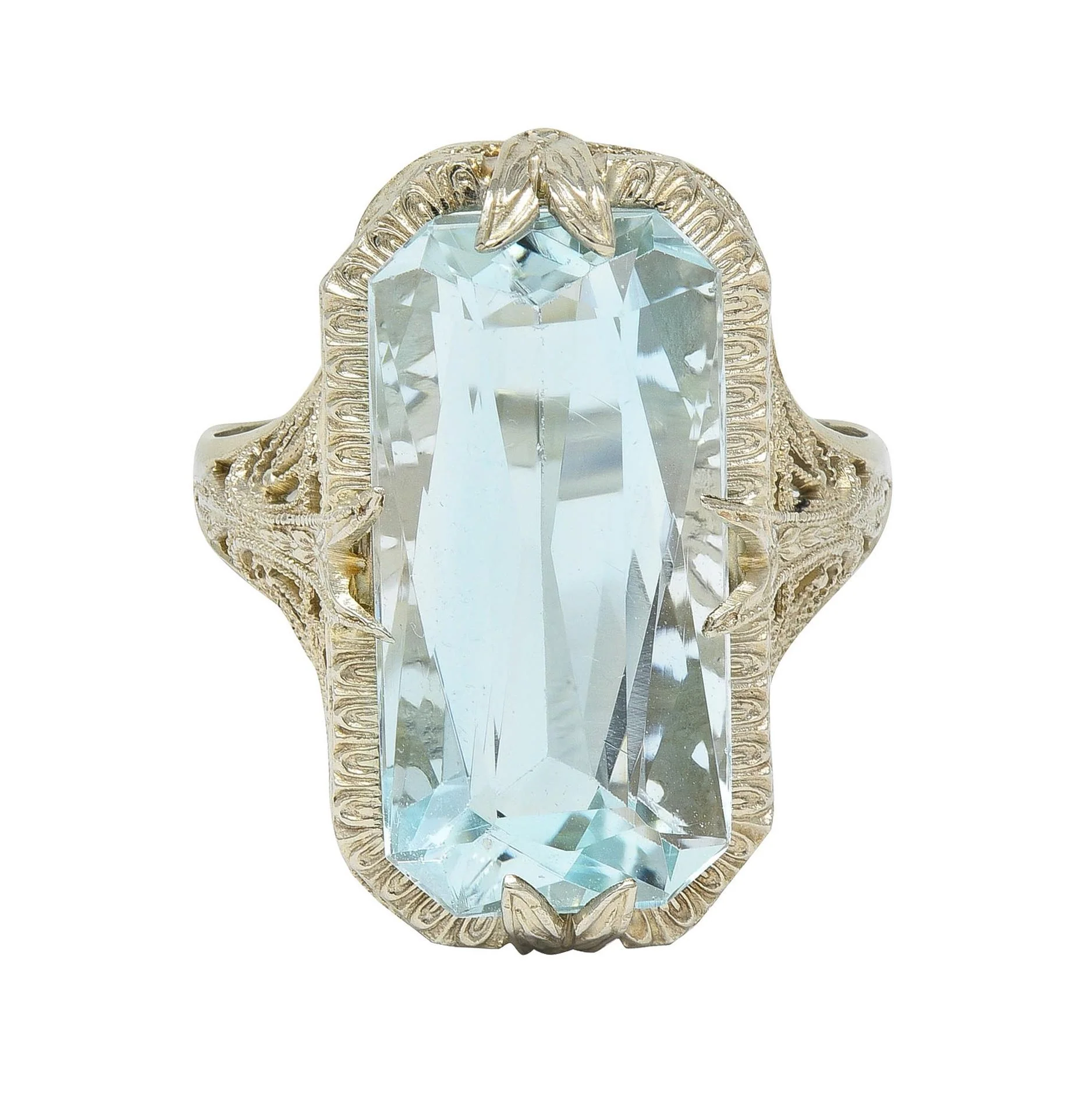 Art Deco 6.74 CTW Aquamarine 14 Karat White Gold Filigree Antique Dinner Ring