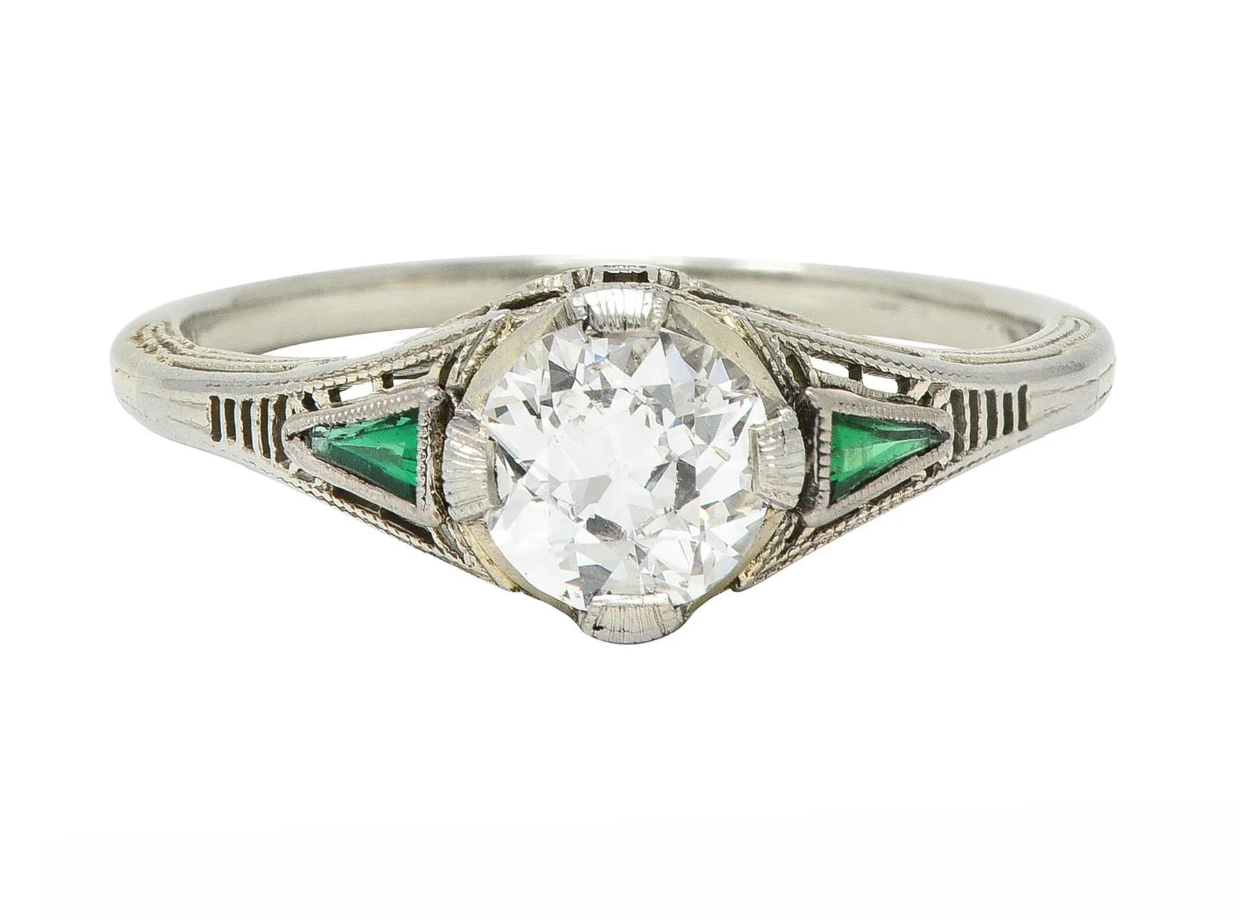 Art Deco .65 CTW Old European Cut Diamond Emerald 18 Karat White Gold Greek Key Vintage Engagement Ring