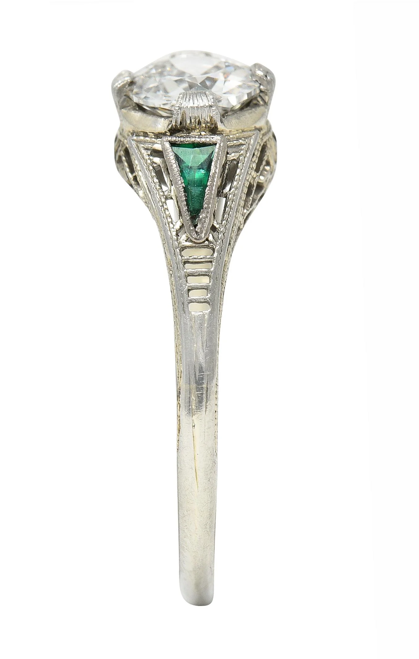 Art Deco .65 CTW Old European Cut Diamond Emerald 18 Karat White Gold Greek Key Vintage Engagement Ring - Image 10
