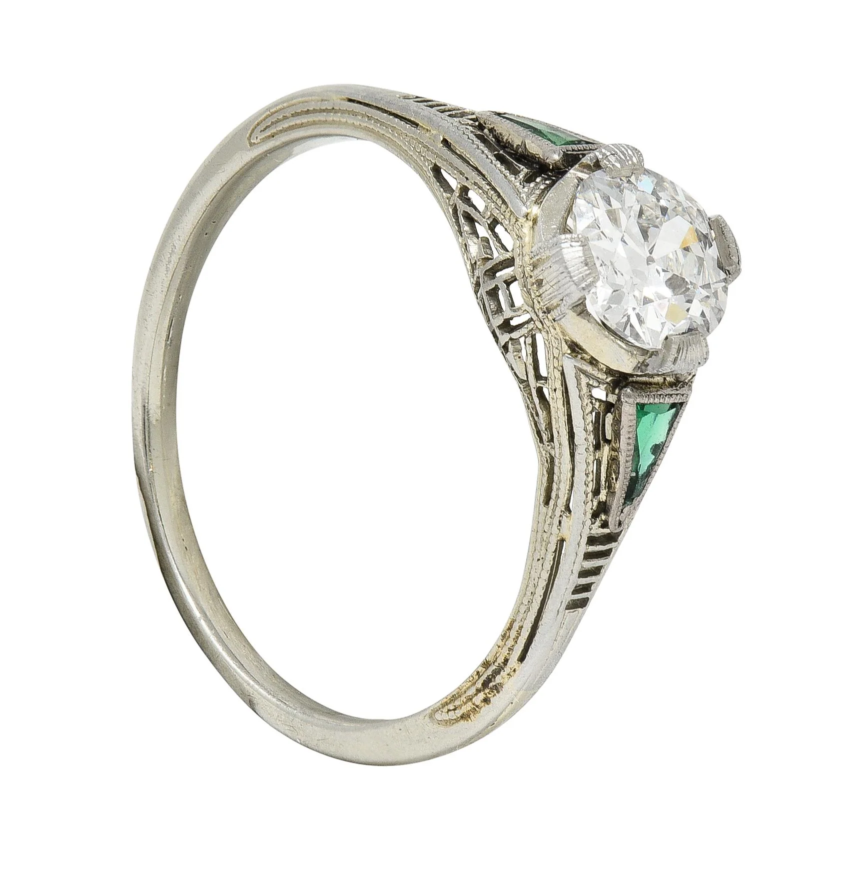Art Deco .65 CTW Old European Cut Diamond Emerald 18 Karat White Gold Greek Key Vintage Engagement Ring - Image 11