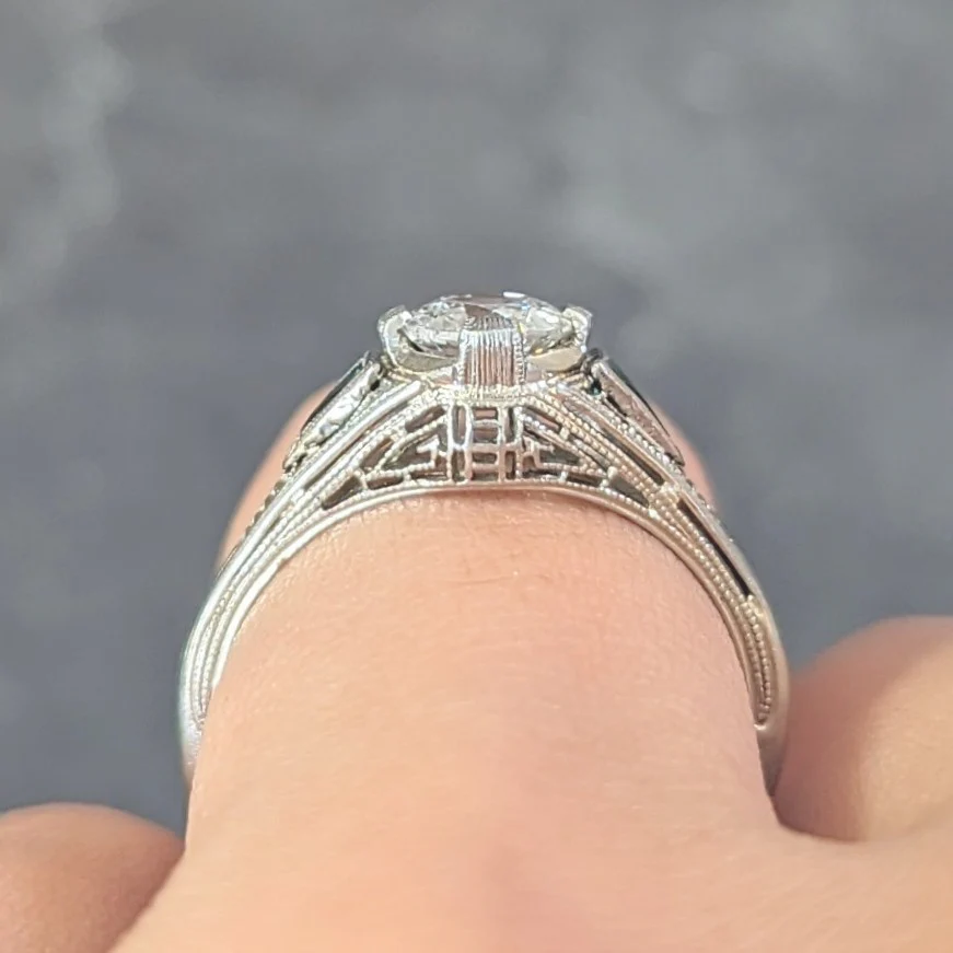 Art Deco .65 CTW Old European Cut Diamond Emerald 18 Karat White Gold Greek Key Vintage Engagement Ring - Image 13