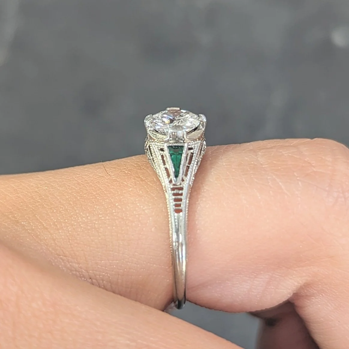 Art Deco .65 CTW Old European Cut Diamond Emerald 18 Karat White Gold Greek Key Vintage Engagement Ring - Image 14