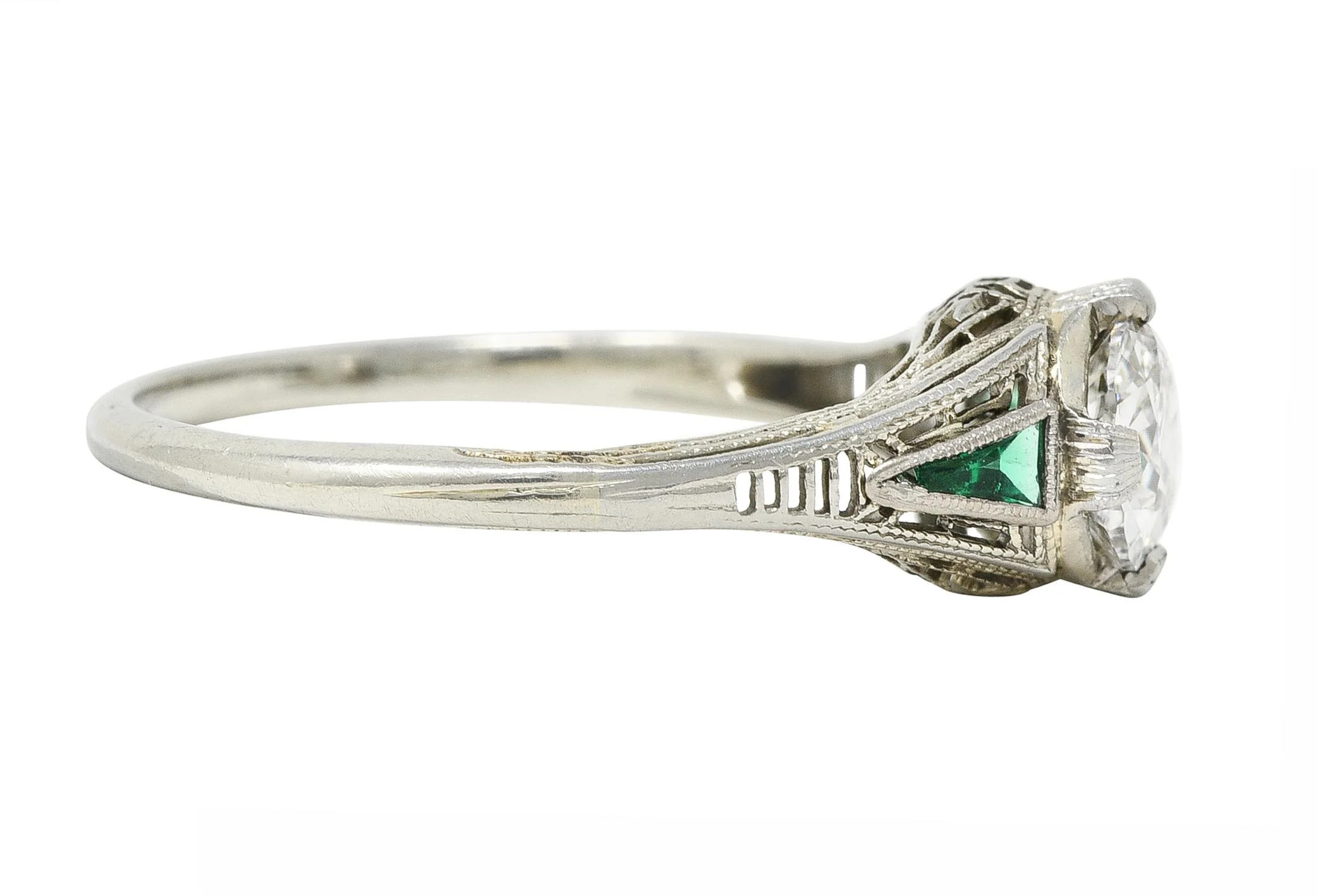Art Deco .65 CTW Old European Cut Diamond Emerald 18 Karat White Gold Greek Key Vintage Engagement Ring - Image 3