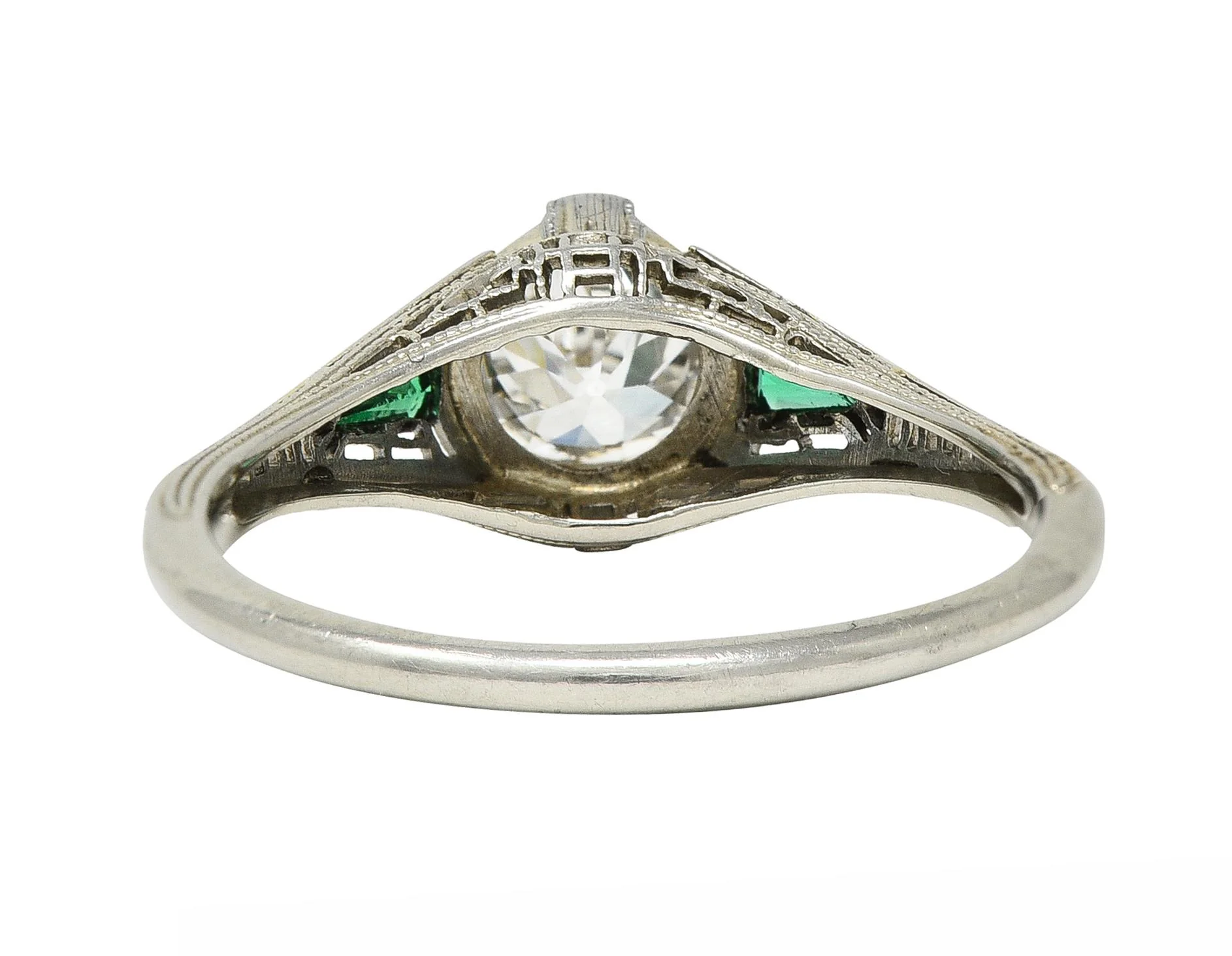 Art Deco .65 CTW Old European Cut Diamond Emerald 18 Karat White Gold Greek Key Vintage Engagement Ring - Image 4