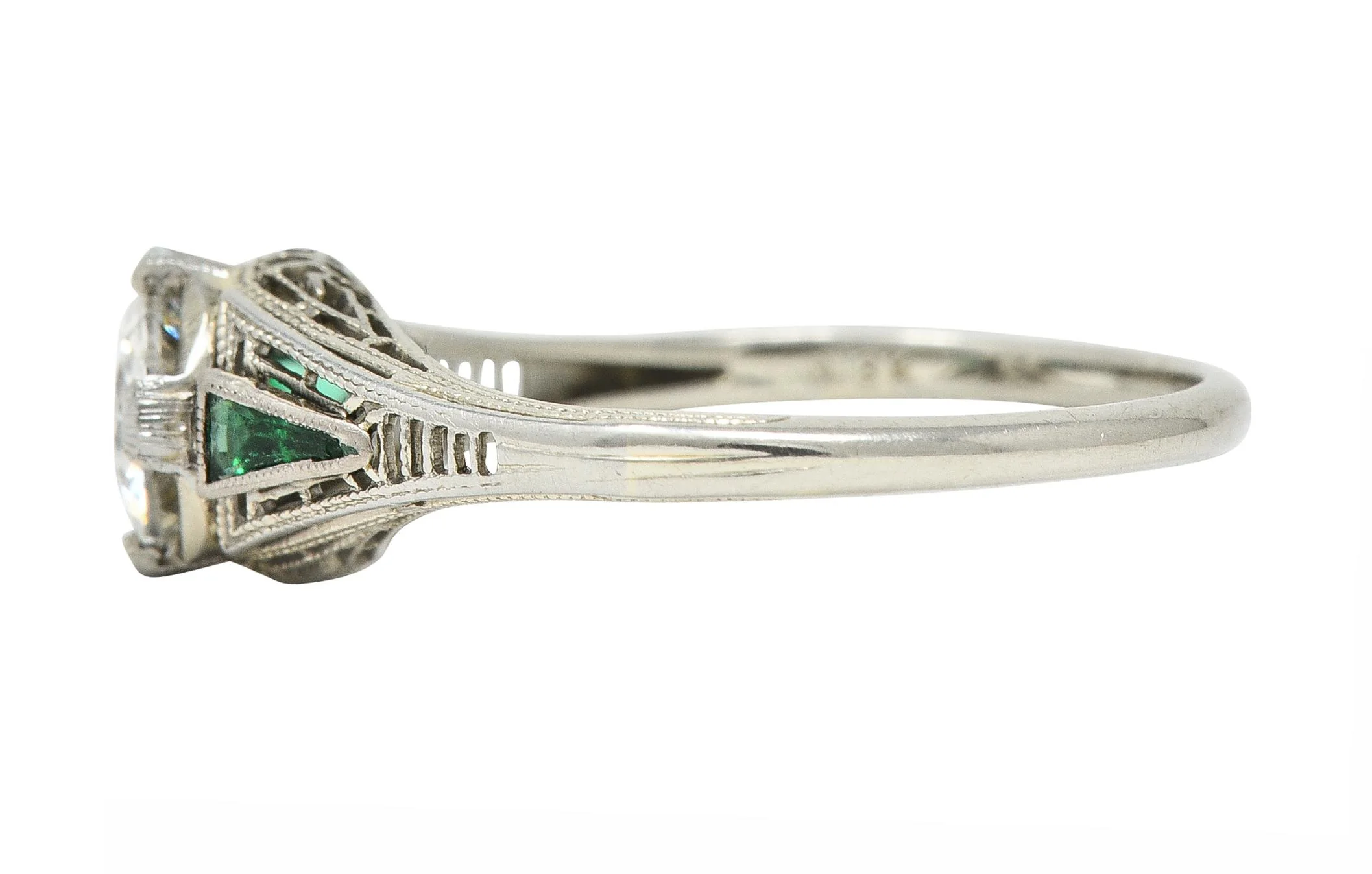 Art Deco .65 CTW Old European Cut Diamond Emerald 18 Karat White Gold Greek Key Vintage Engagement Ring - Image 5