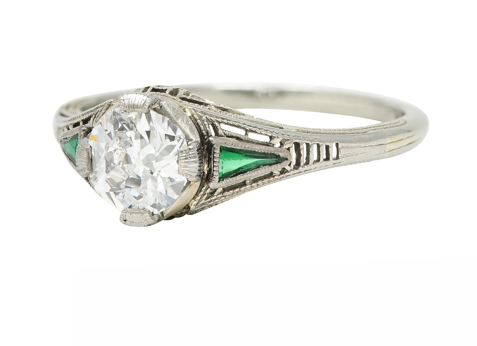 Art Deco .65 CTW Old European Cut Diamond Emerald 18 Karat White Gold Greek Key Vintage Engagement Ring - Image 6