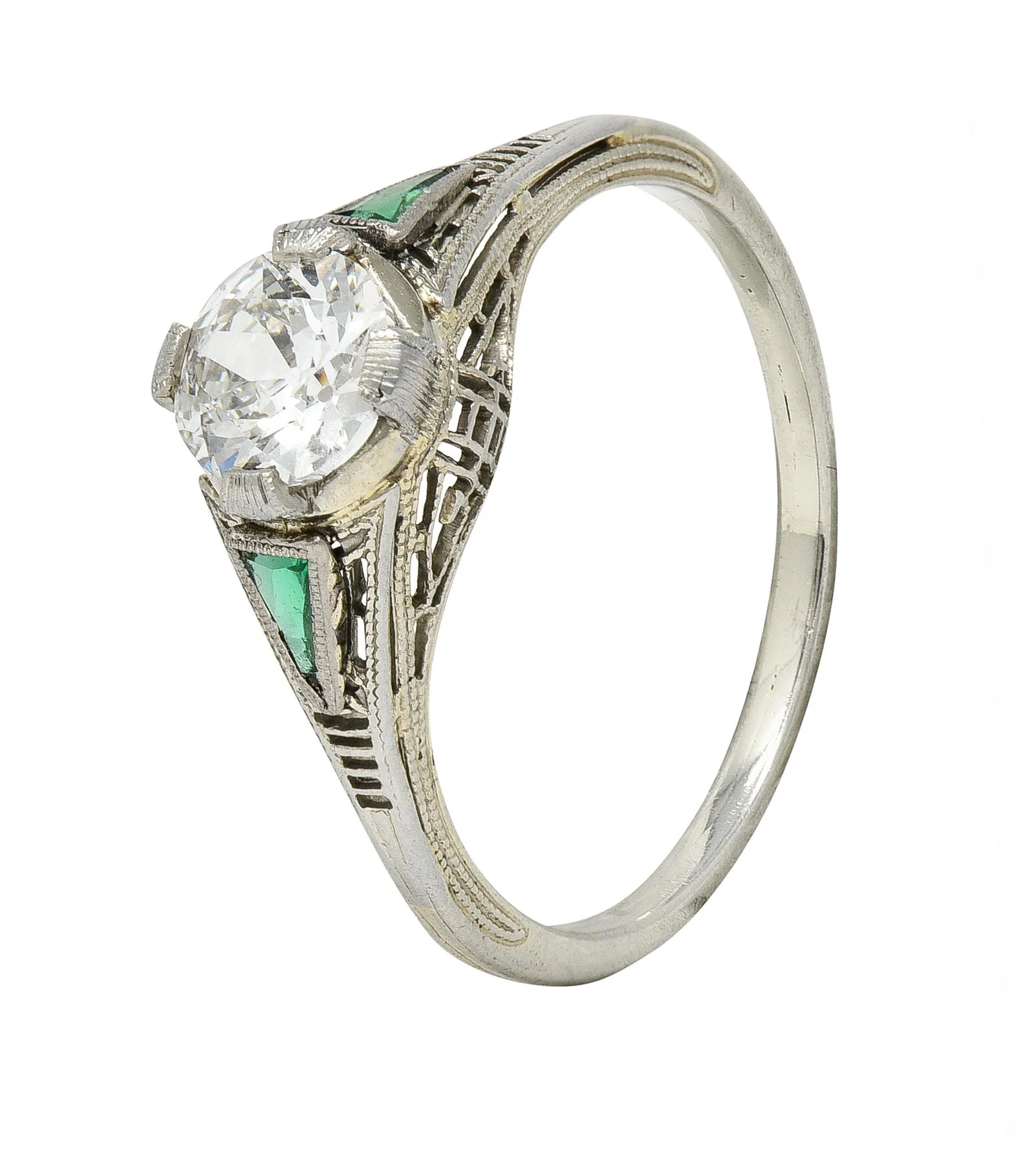 Art Deco .65 CTW Old European Cut Diamond Emerald 18 Karat White Gold Greek Key Vintage Engagement Ring - Image 8