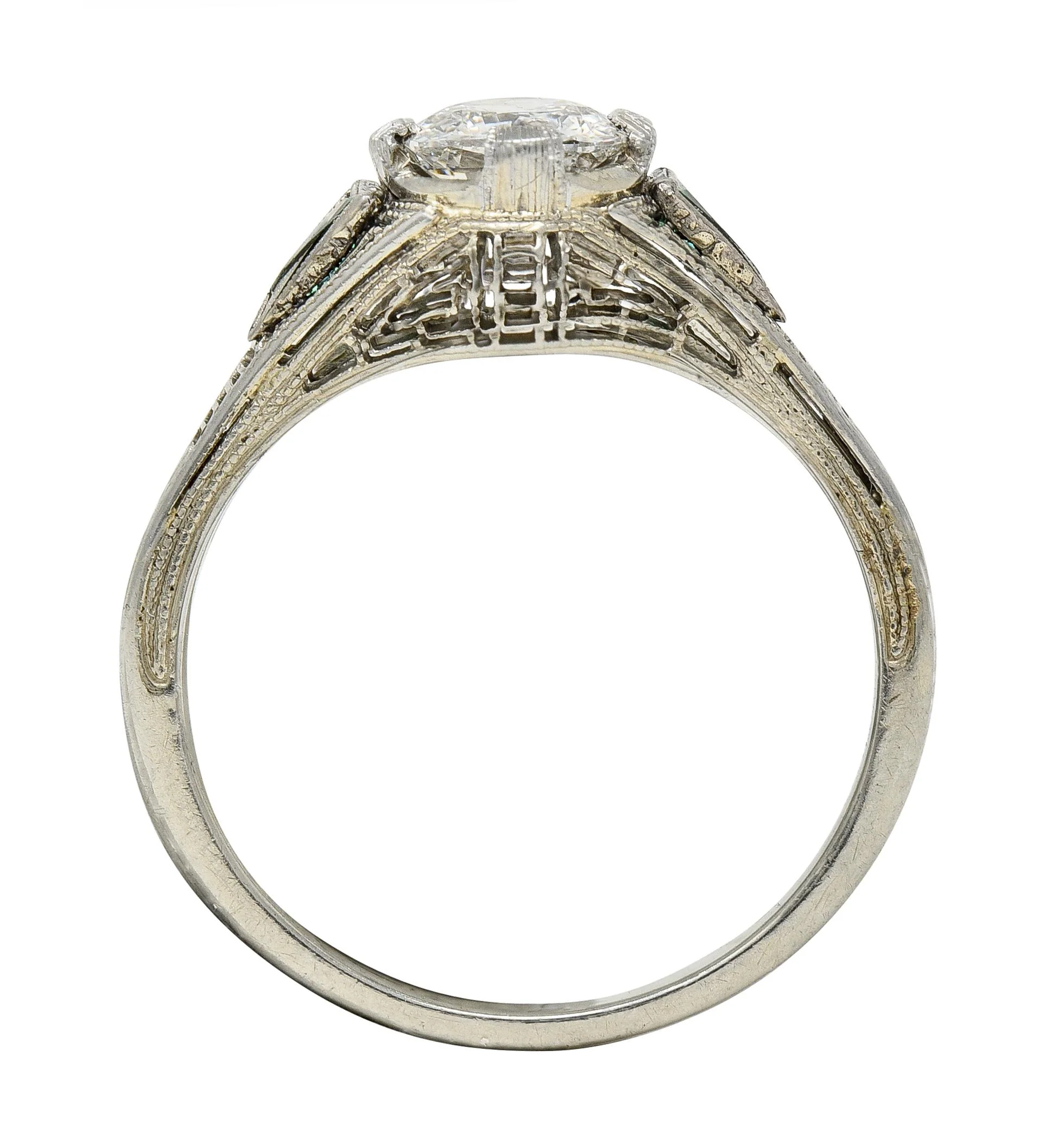 Art Deco .65 CTW Old European Cut Diamond Emerald 18 Karat White Gold Greek Key Vintage Engagement Ring - Image 9