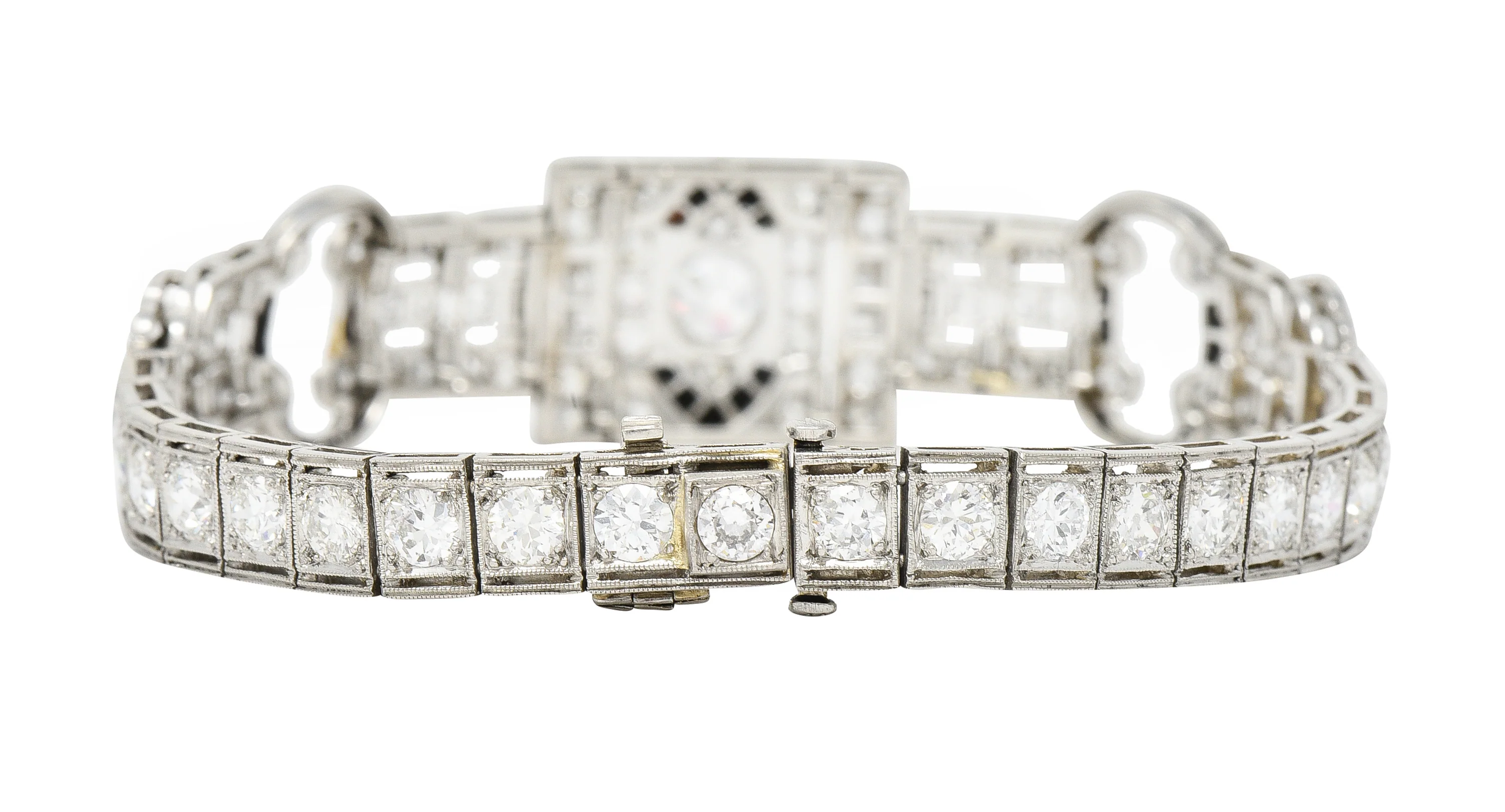 Art Deco 7.86 CTW Old European & Mine Cut Diamond Onyx Platinum Buckle Line Bracelet - Image 7