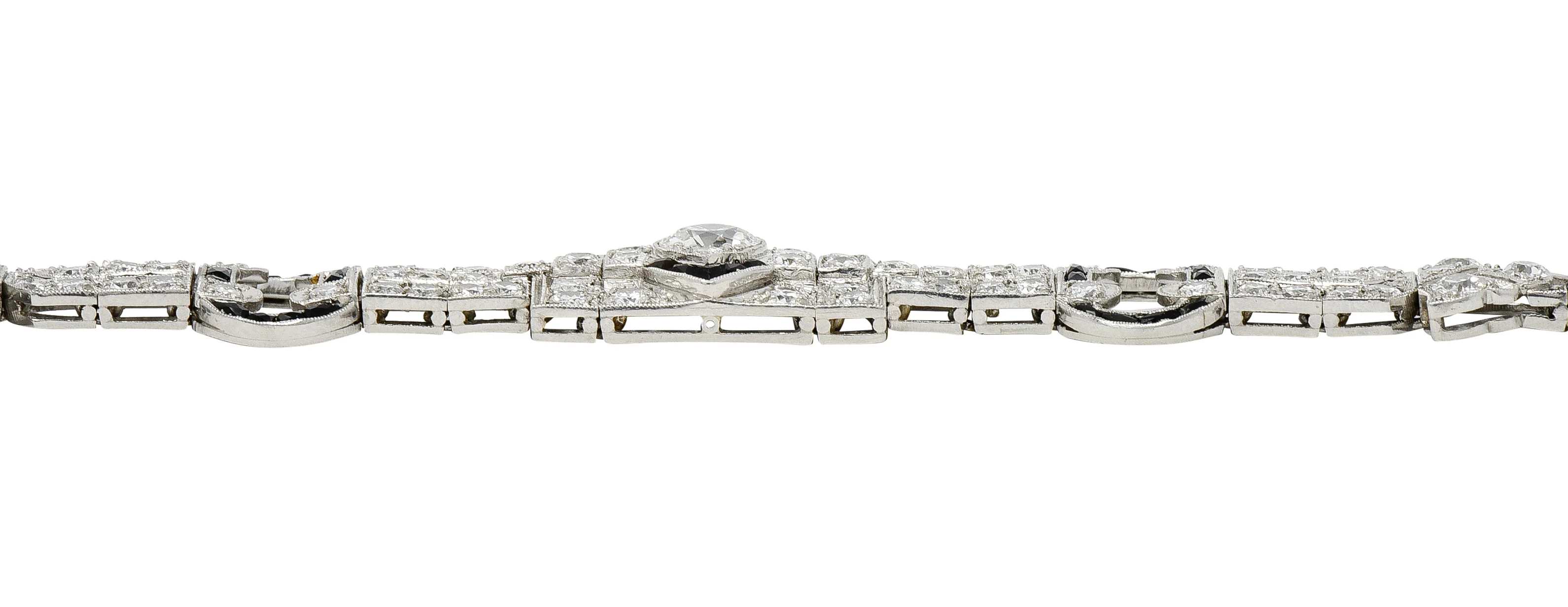 Art Deco 7.86 CTW Old European & Mine Cut Diamond Onyx Platinum Buckle Line Bracelet - Image 9