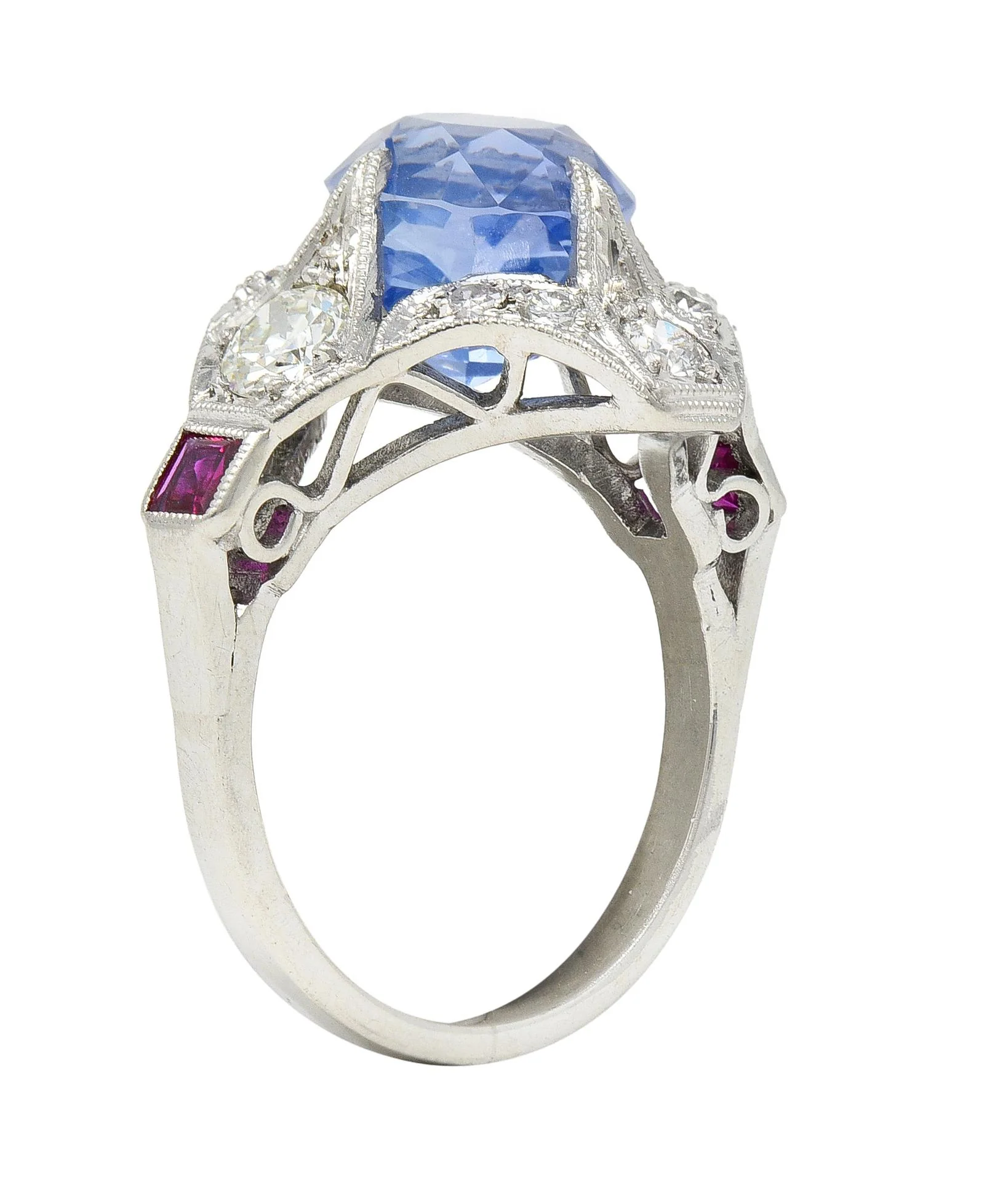 Art Deco 7.92 CTW No Heat Ceylon Sapphire Diamond Ruby Platinum Quatrefoil Vintage Ring GIA - Image 2