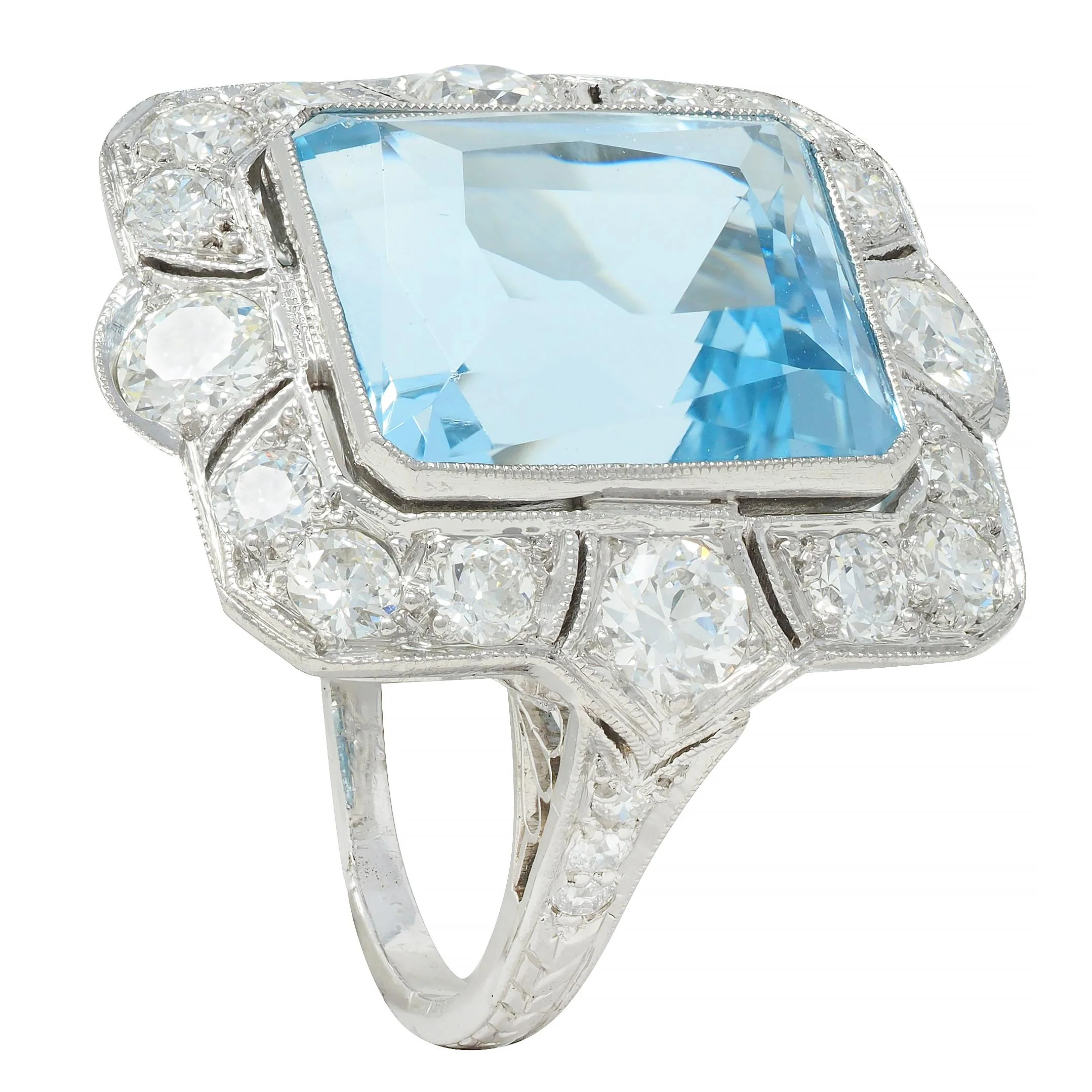Art Deco 8.48 CTW Aquamarine Old European Cut Diamond Platinum Vintage Cocktail Ring - Image 11