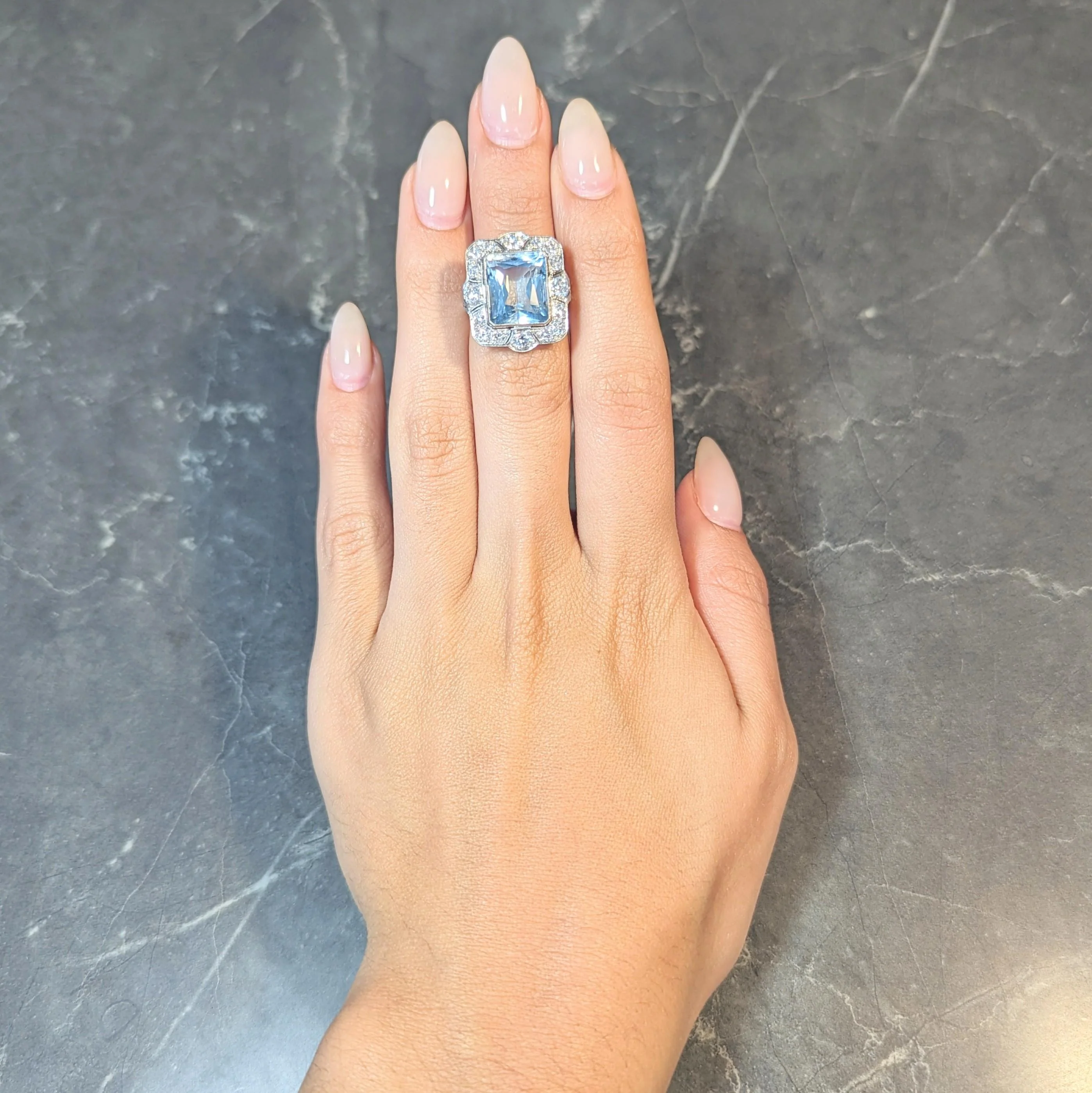 Art Deco 8.48 CTW Aquamarine Old European Cut Diamond Platinum Vintage Cocktail Ring - Image 12