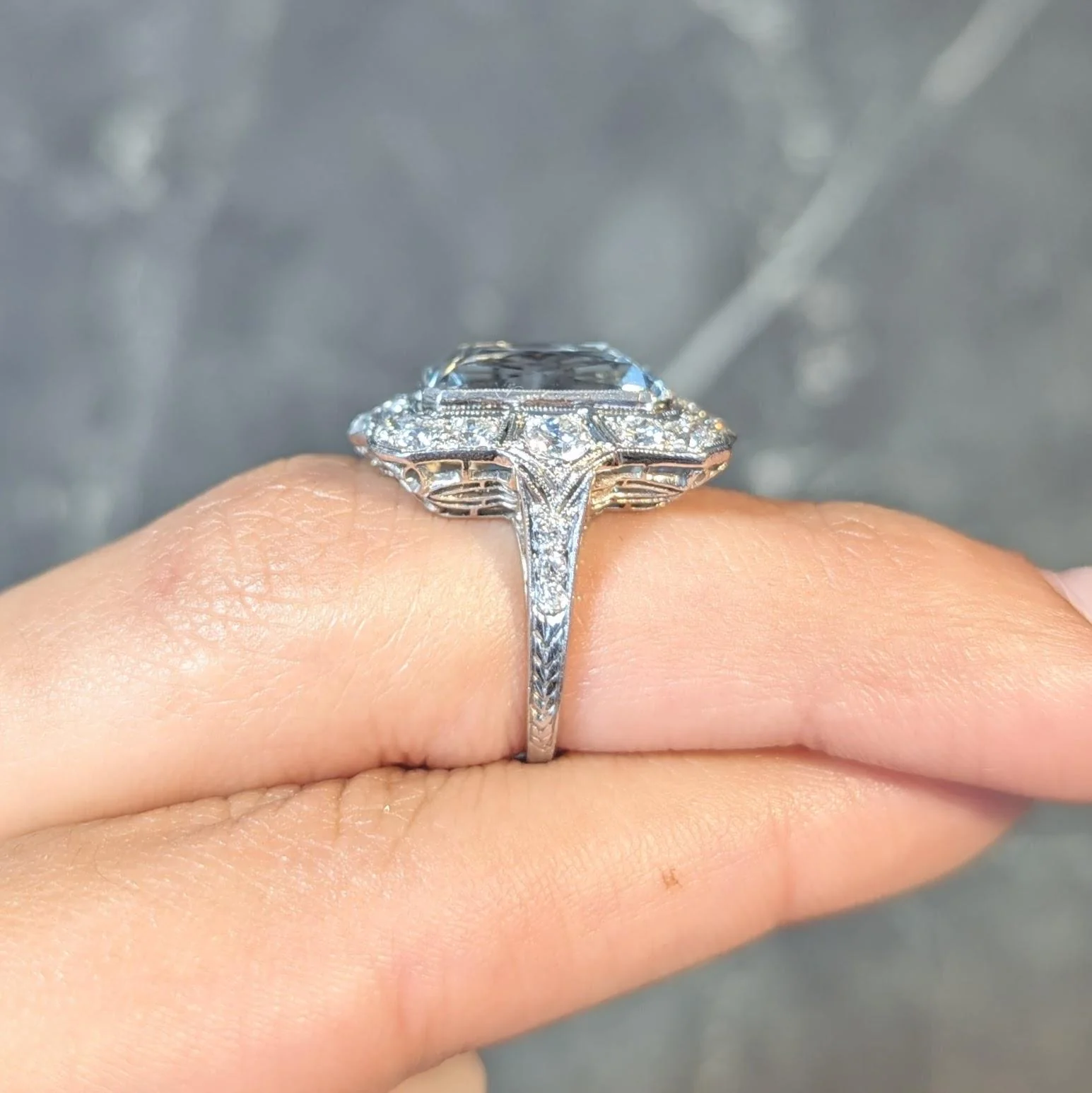 Art Deco 8.48 CTW Aquamarine Old European Cut Diamond Platinum Vintage Cocktail Ring - Image 13