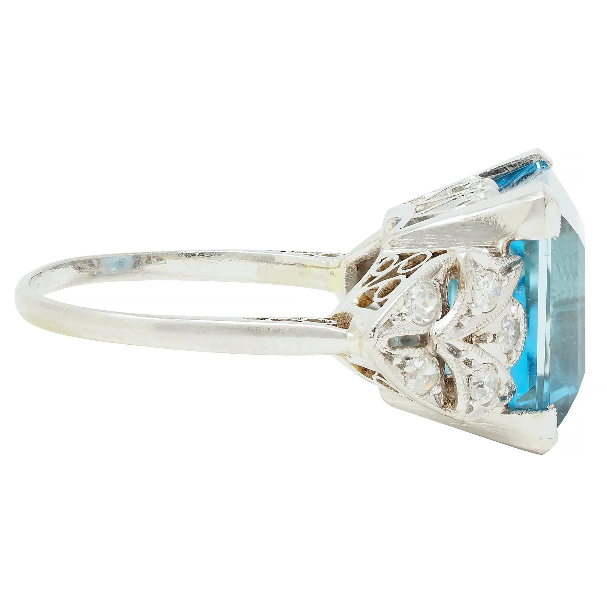 Art Deco 9.01 CTW Step Cut Aquamarine Diamond Platinum Vintage Heart Cocktail Ring - Image 3
