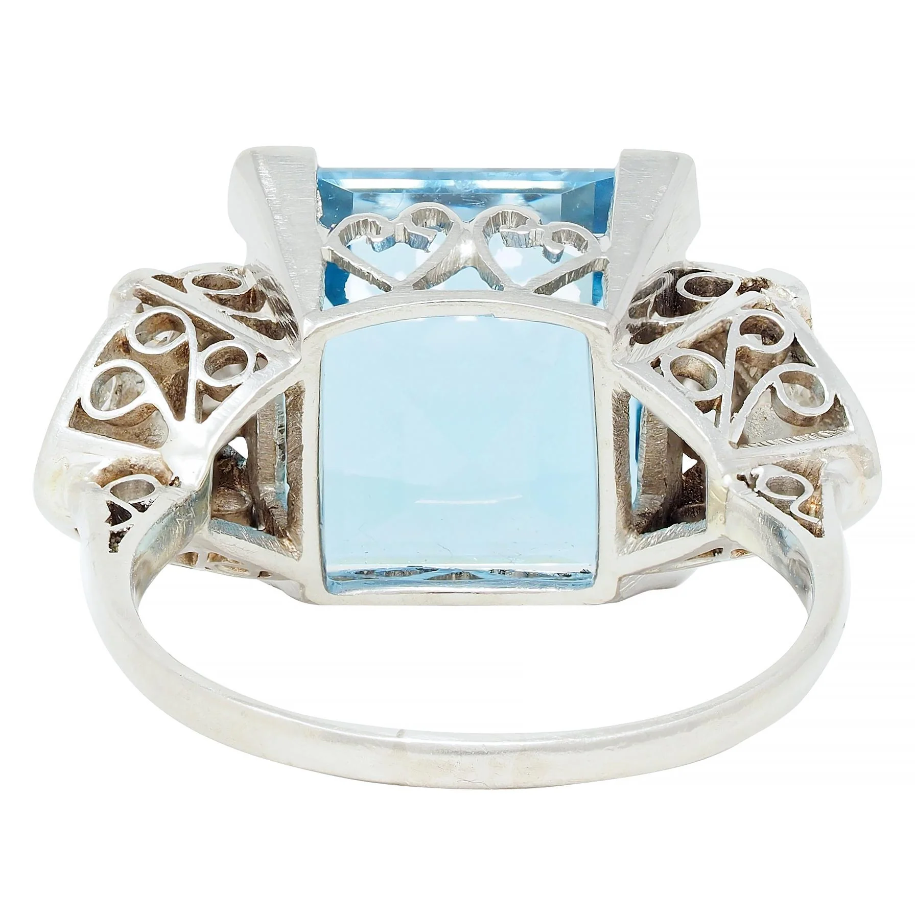 Art Deco 9.01 CTW Step Cut Aquamarine Diamond Platinum Vintage Heart Cocktail Ring - Image 4
