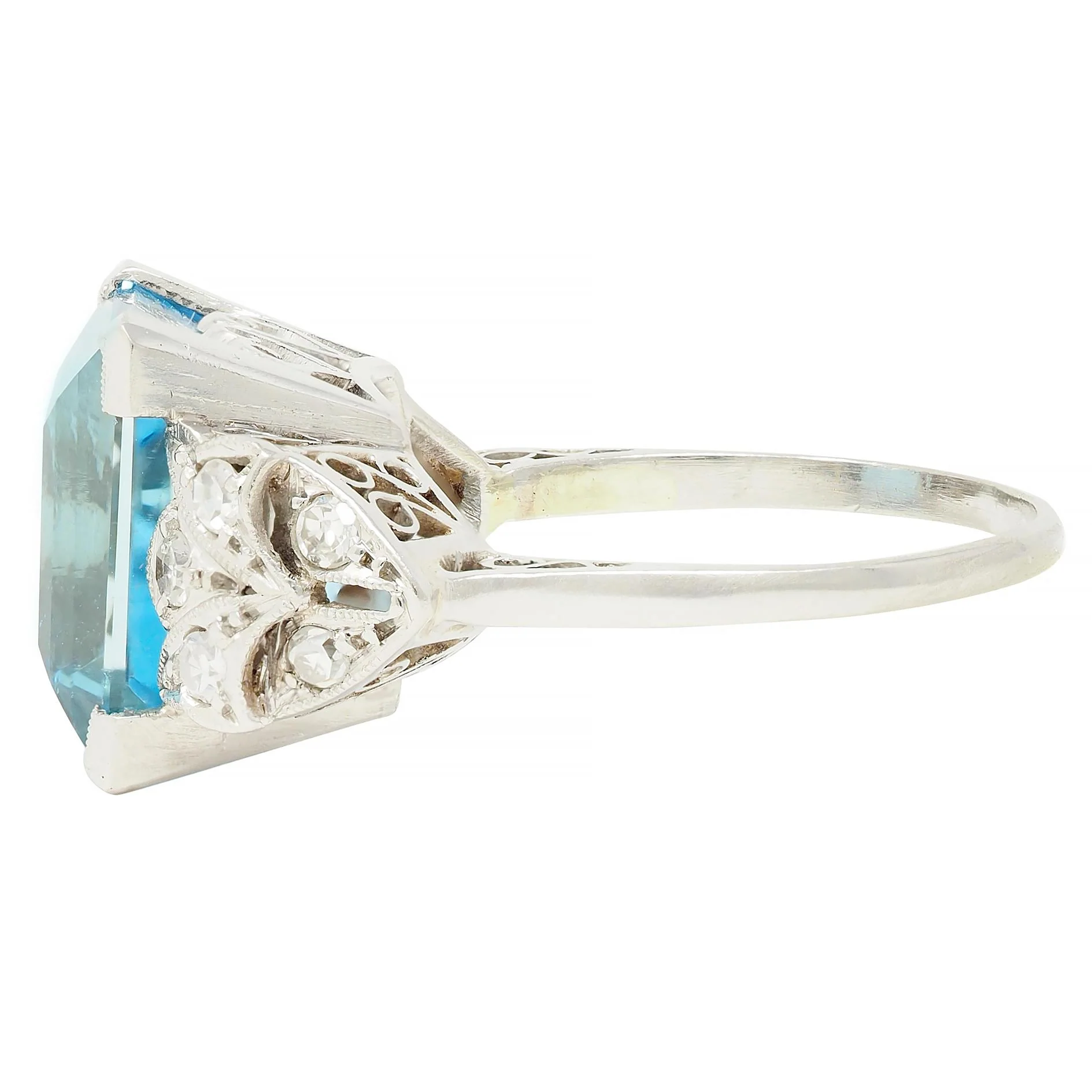 Art Deco 9.01 CTW Step Cut Aquamarine Diamond Platinum Vintage Heart Cocktail Ring - Image 5
