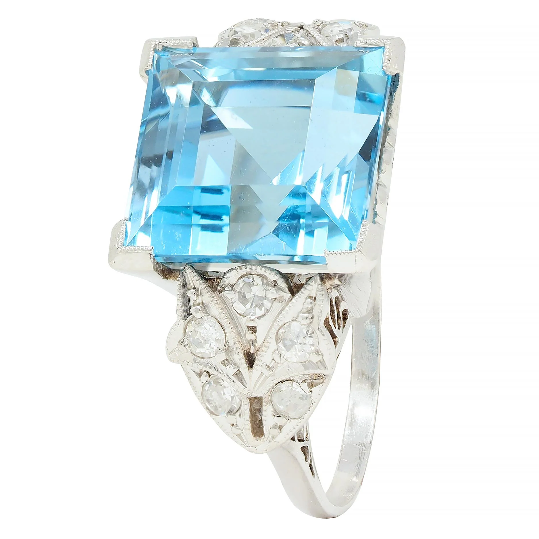 Art Deco 9.01 CTW Step Cut Aquamarine Diamond Platinum Vintage Heart Cocktail Ring - Image 7