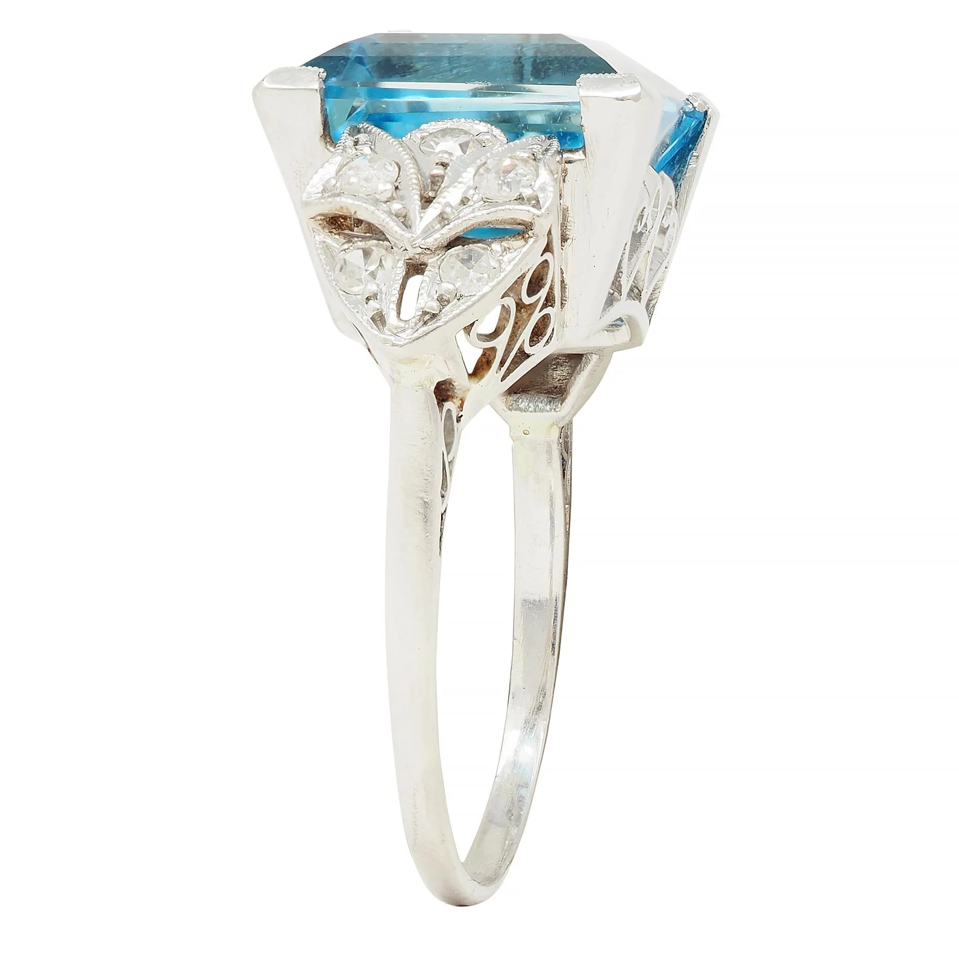 Art Deco 9.01 CTW Step Cut Aquamarine Diamond Platinum Vintage Heart Cocktail Ring - Image 9