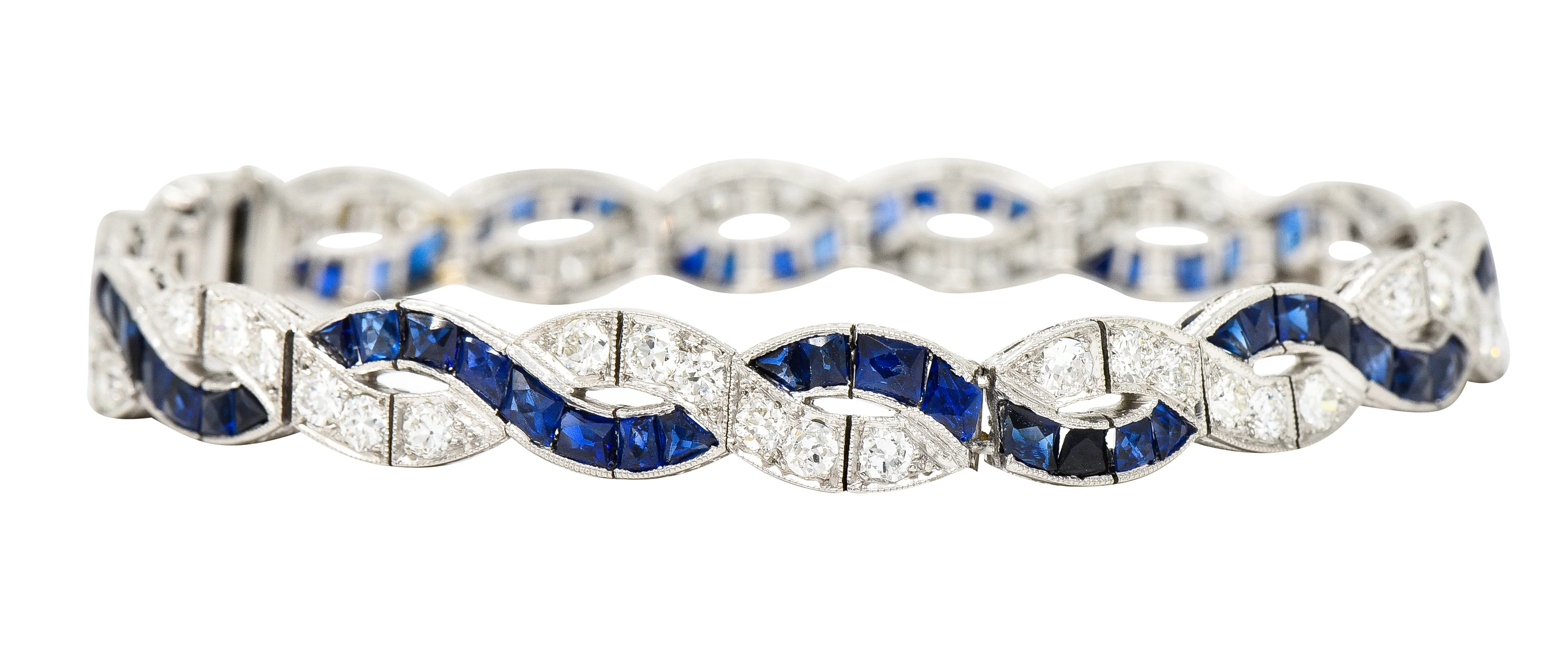 Art Deco 9.27 CTW French Cut Sapphire Diamond Platinum Braided Ribbon Gemstone Line Bracelet - Image 10