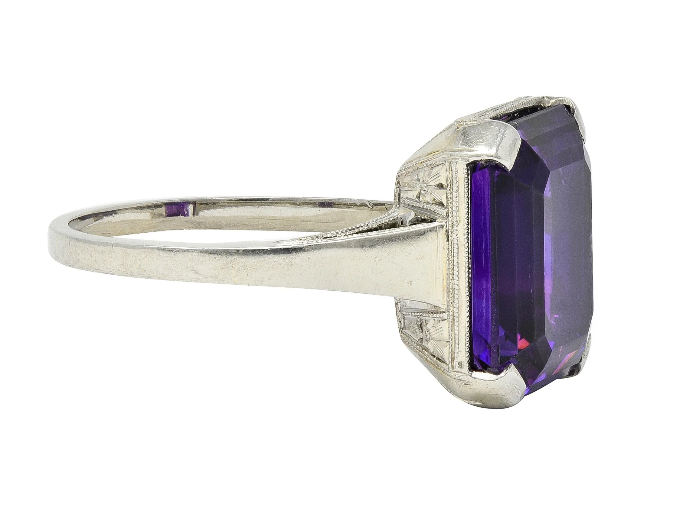 Art Deco 9.34 CTW Amethyst 18 Karat White Gold Vintage Wheat Cocktail Ring - Image 3