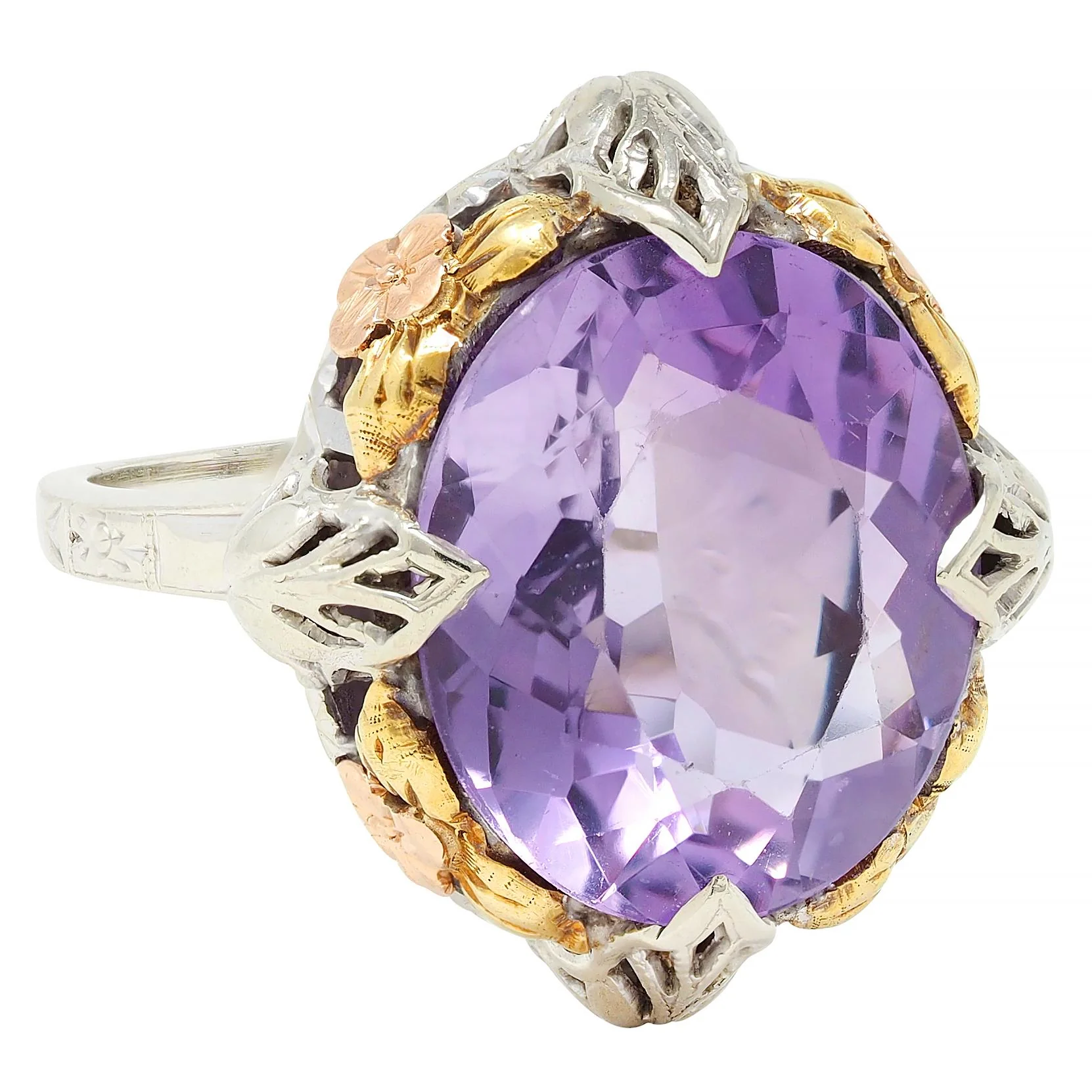 Art Deco Amethyst 14 Karat Tri-Gold Vintage Orange Blossom Cocktail Ring - Image 2