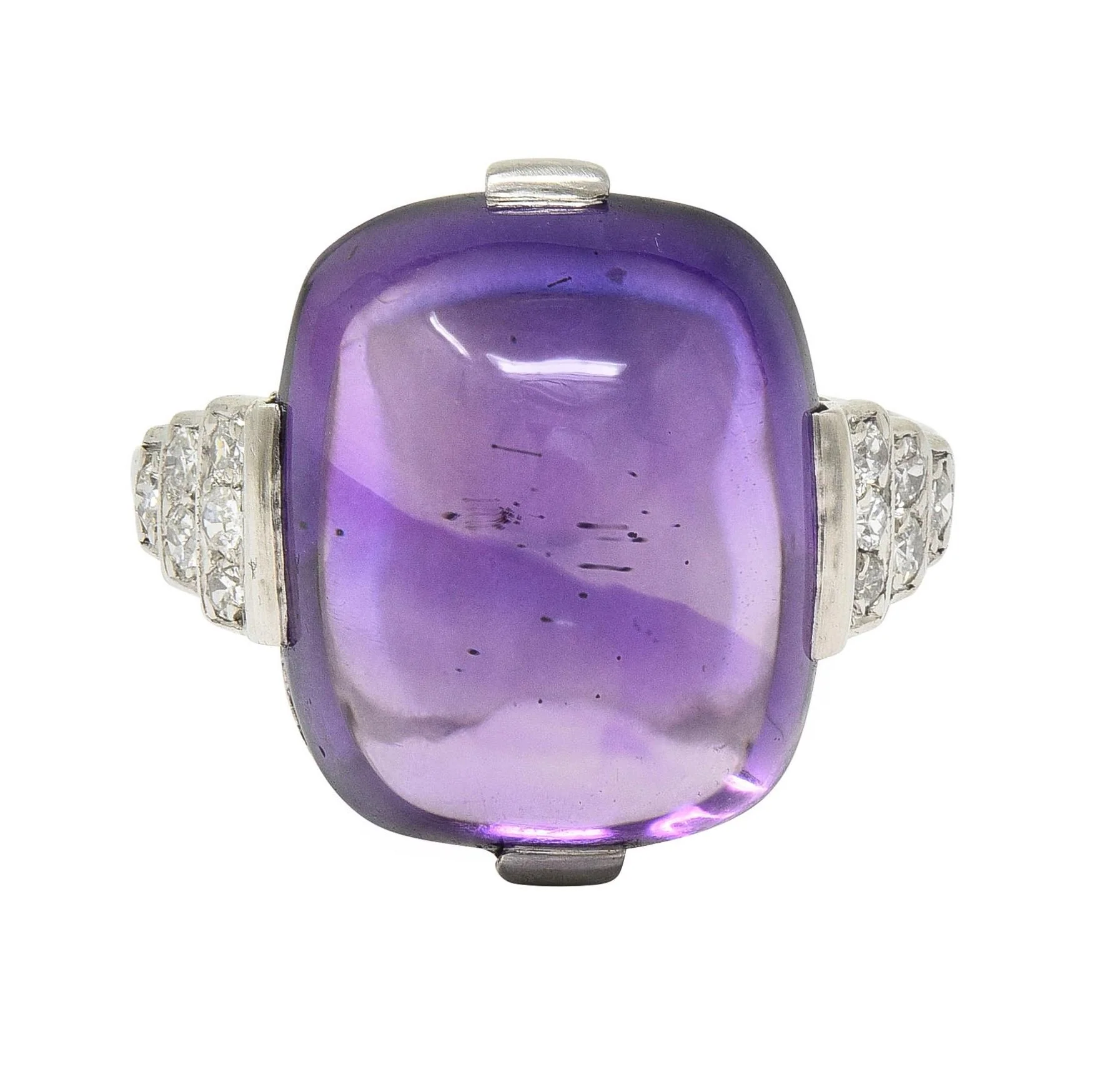 Art Deco Amethyst Cabochon Diamond Platinum Vintage Stepped Cocktail Ring - Image 8