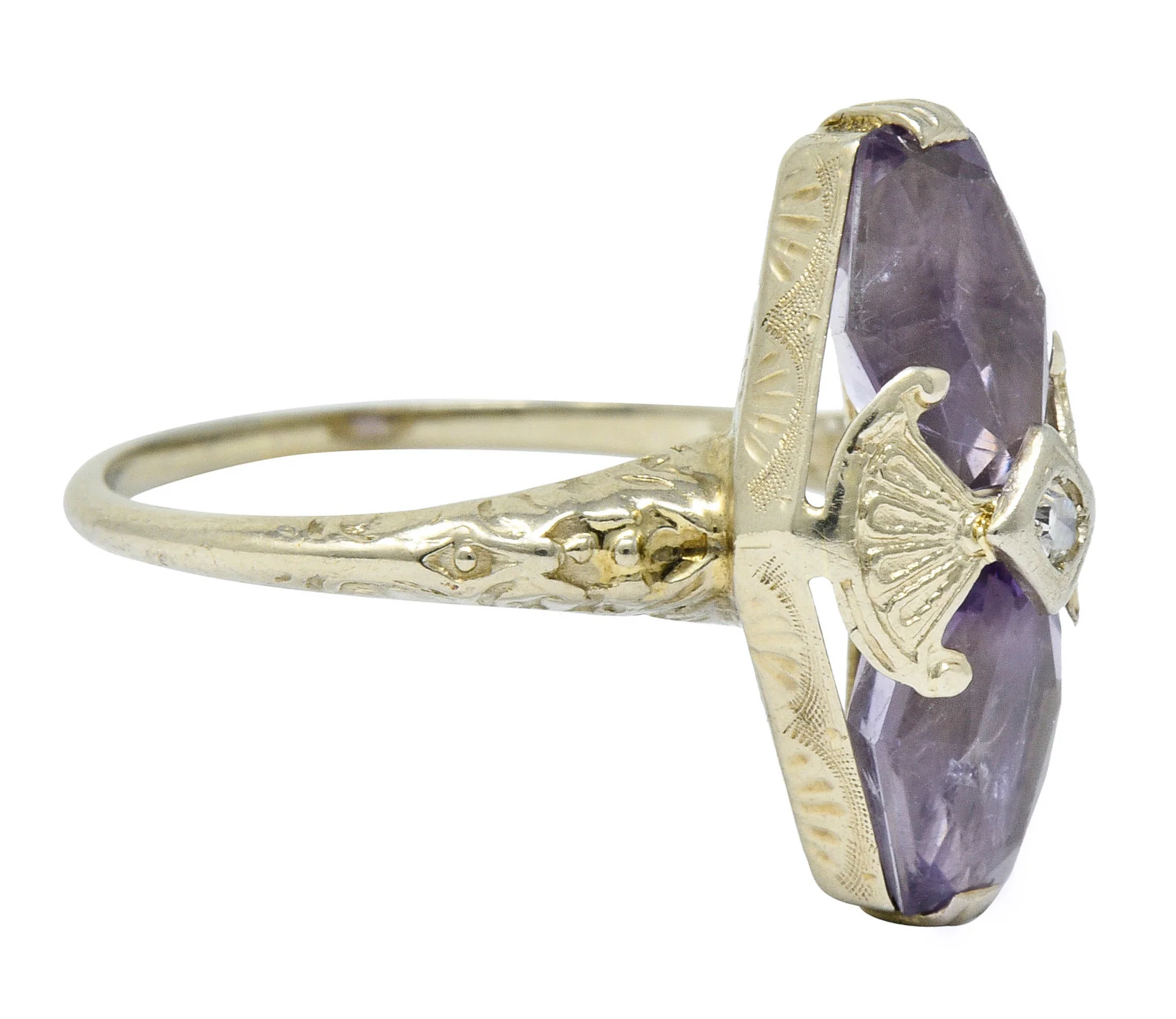 Art Deco Amethyst Diamond 14 Karat White Gold Statement Ring - Image 2