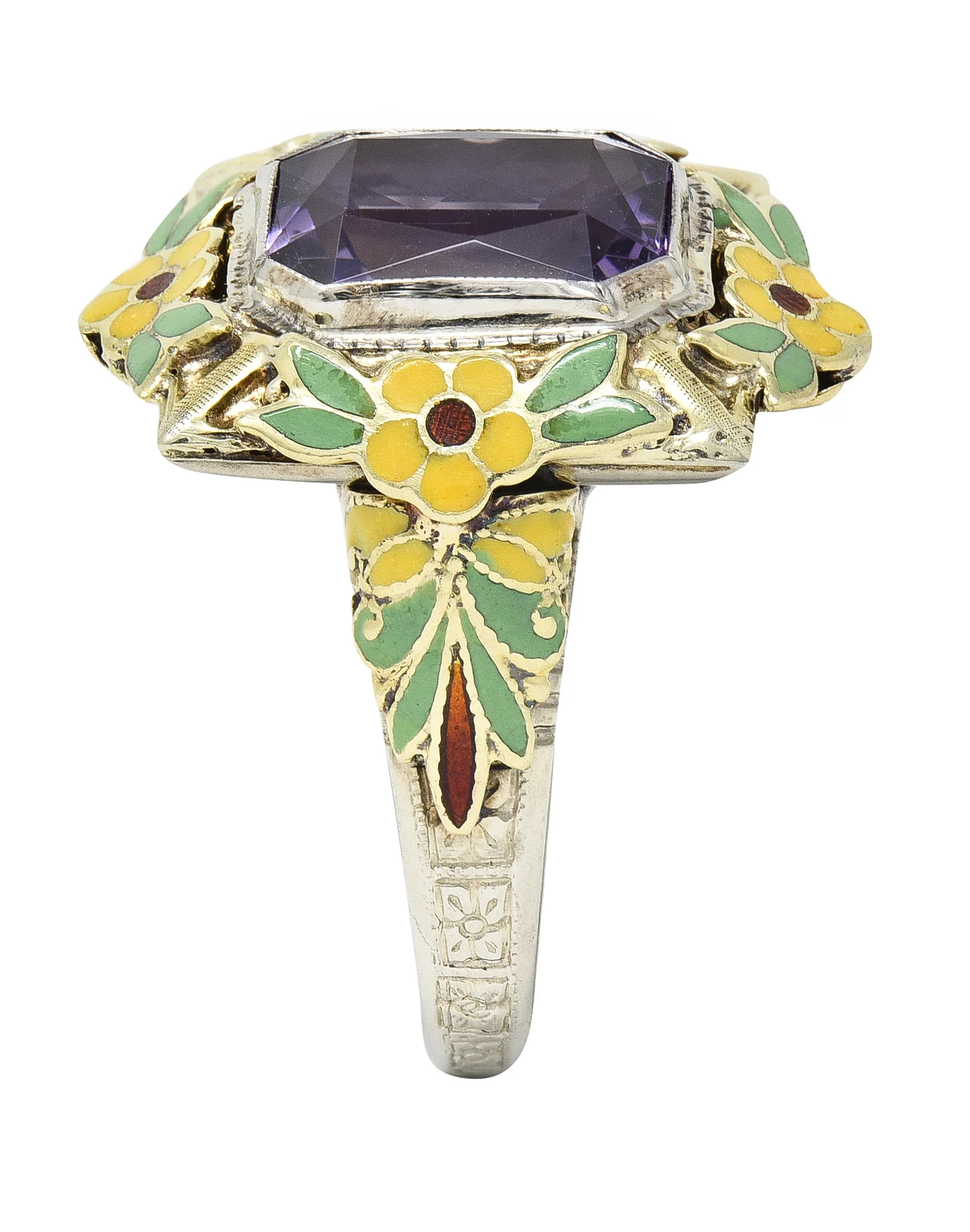 Art Deco Amethyst Enamel 14 Karat Two-Tone Gold Orange Blossom Vintage Ring - Image 10