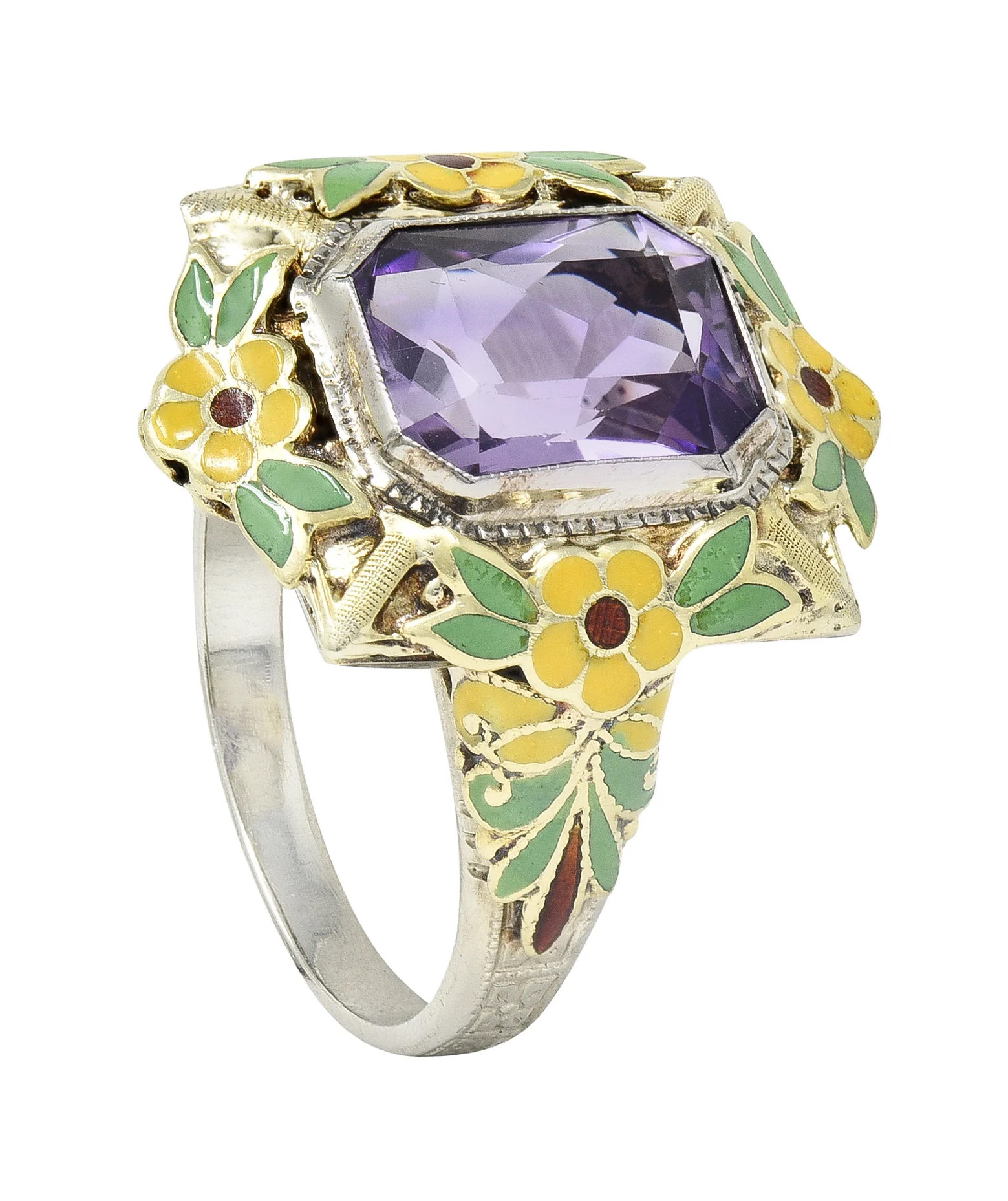 Art Deco Amethyst Enamel 14 Karat Two-Tone Gold Orange Blossom Vintage Ring - Image 11