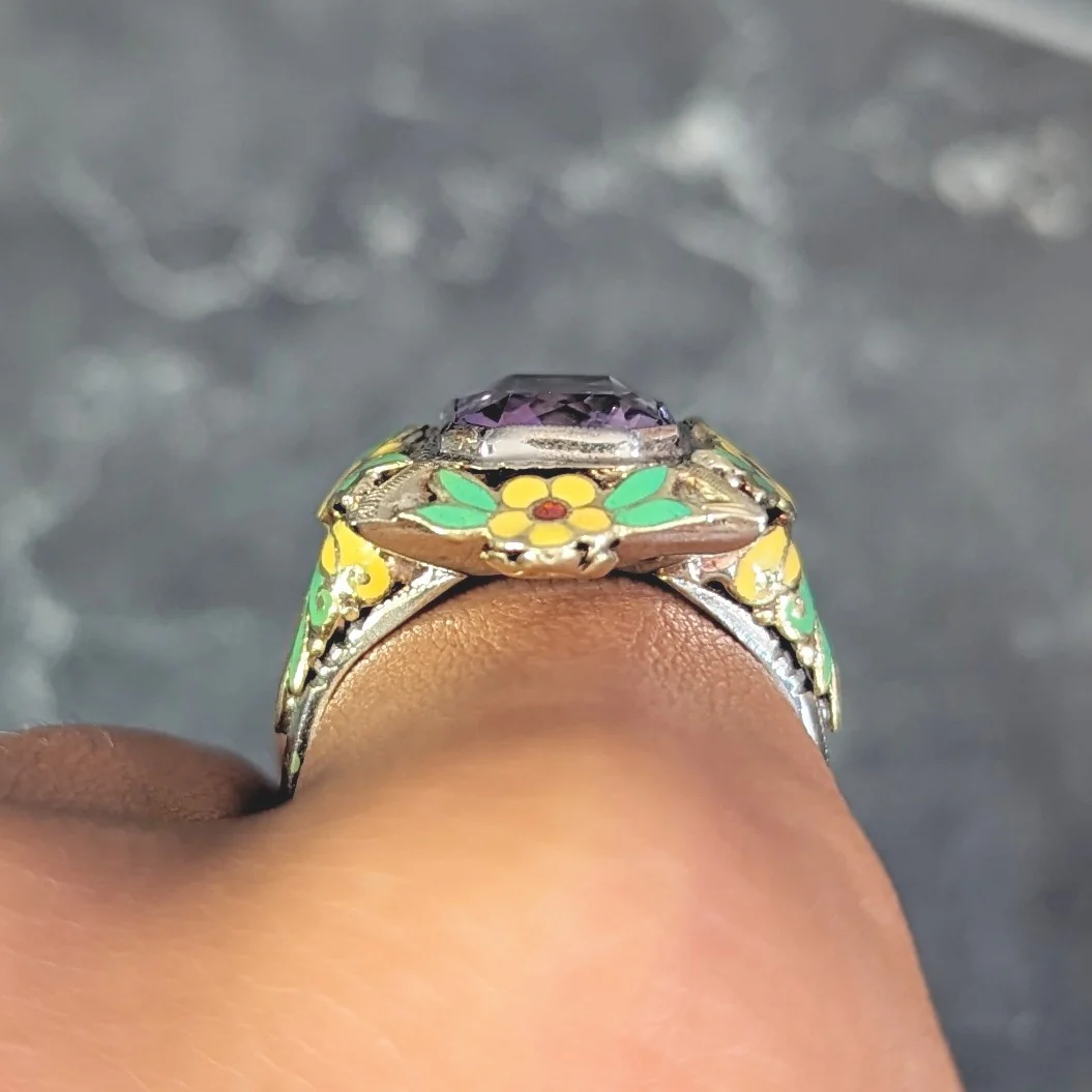 Art Deco Amethyst Enamel 14 Karat Two-Tone Gold Orange Blossom Vintage Ring - Image 13