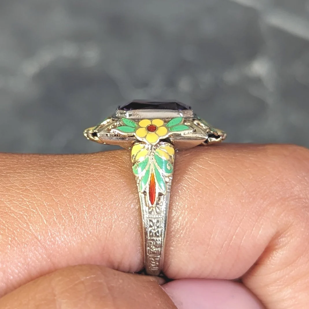 Art Deco Amethyst Enamel 14 Karat Two-Tone Gold Orange Blossom Vintage Ring - Image 14