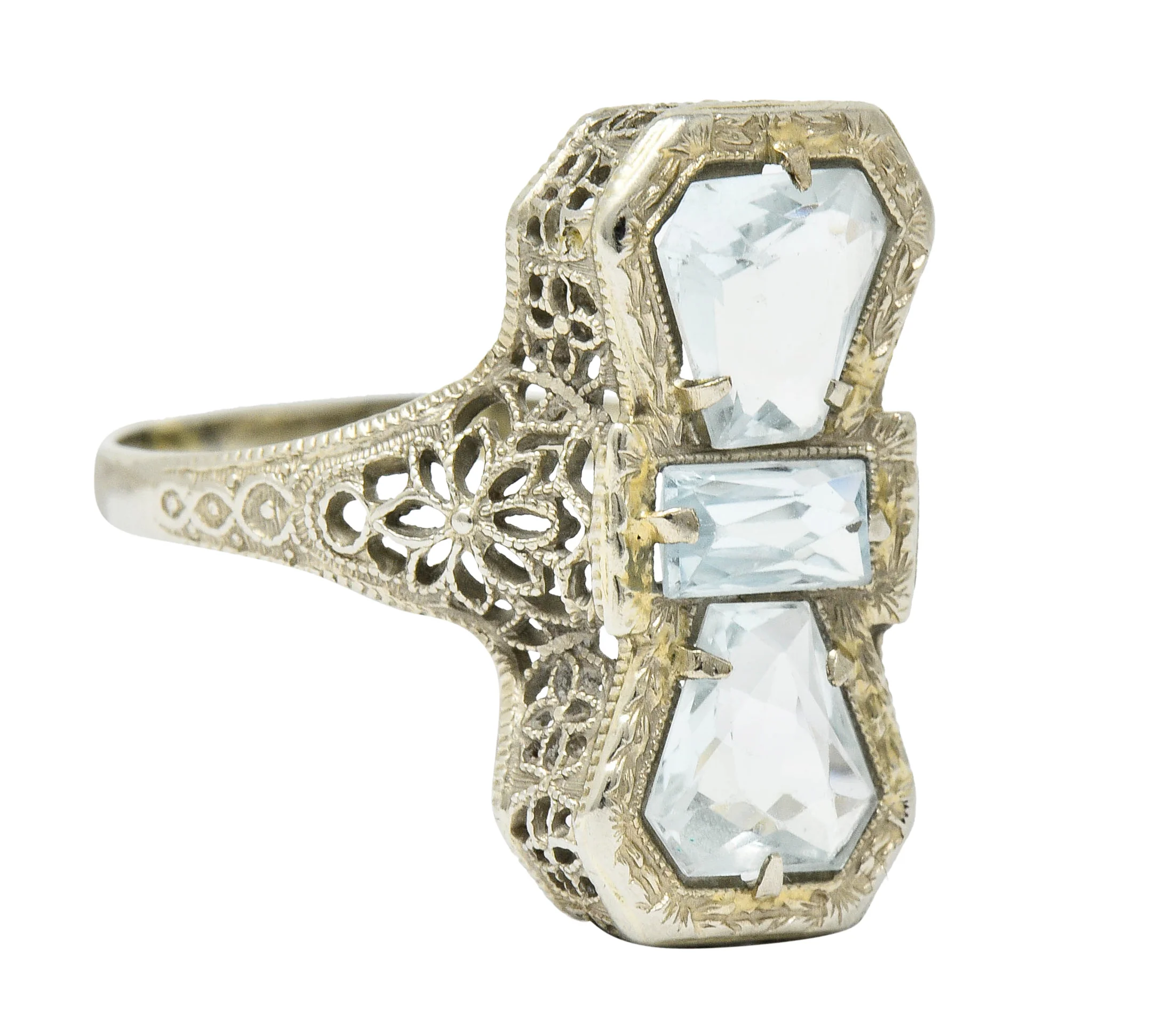 Art Deco Aquamarine 14 Karat White Gold Three Stone Dinner Ring - Image 2