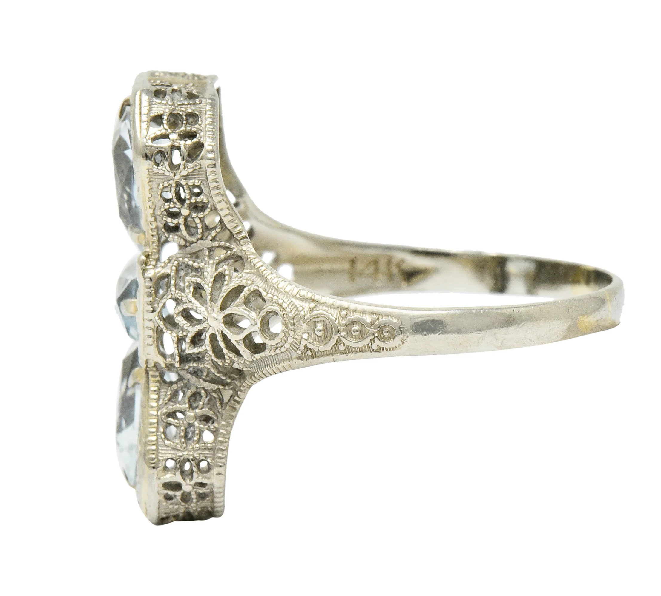 Art Deco Aquamarine 14 Karat White Gold Three Stone Dinner Ring - Image 4