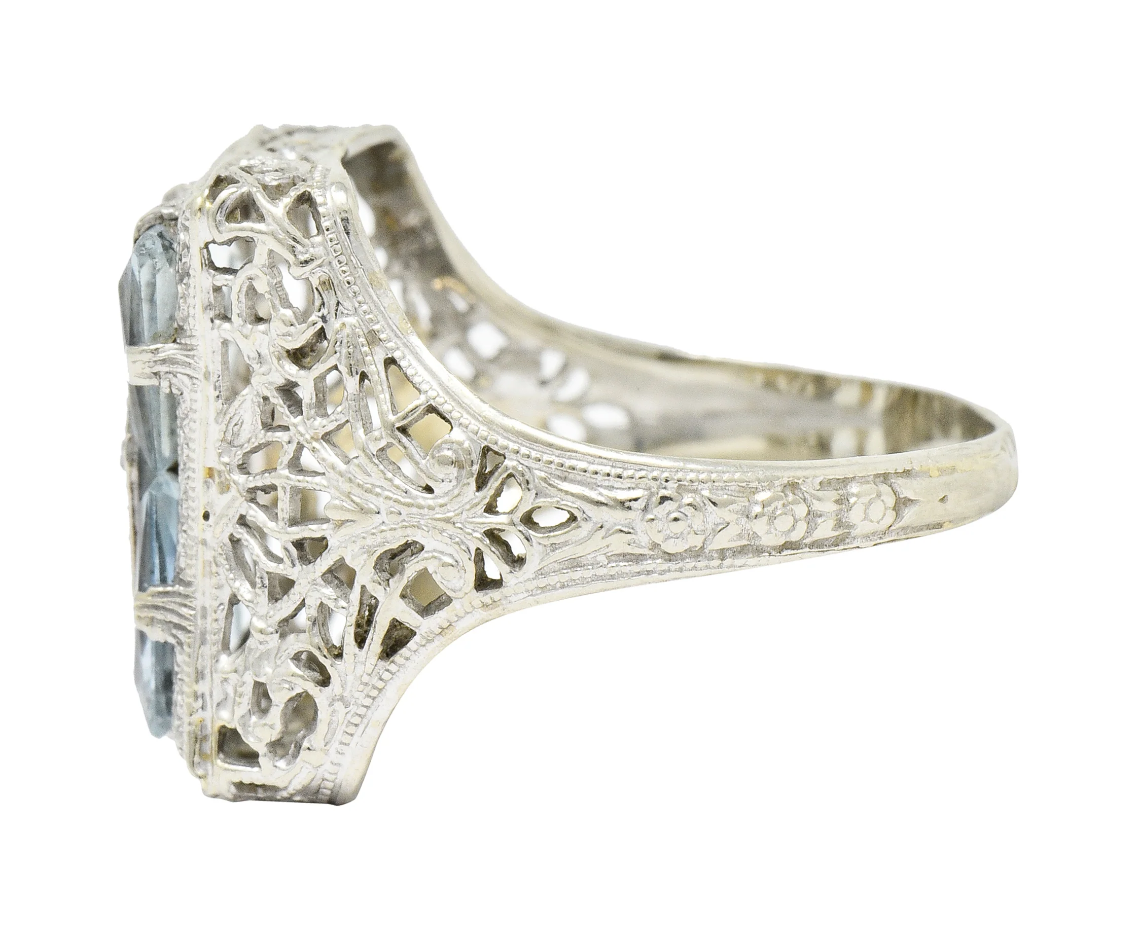 Art Deco Aquamarine Diamond 14 Karat White Gold Floral Dinner Ring - Image 5
