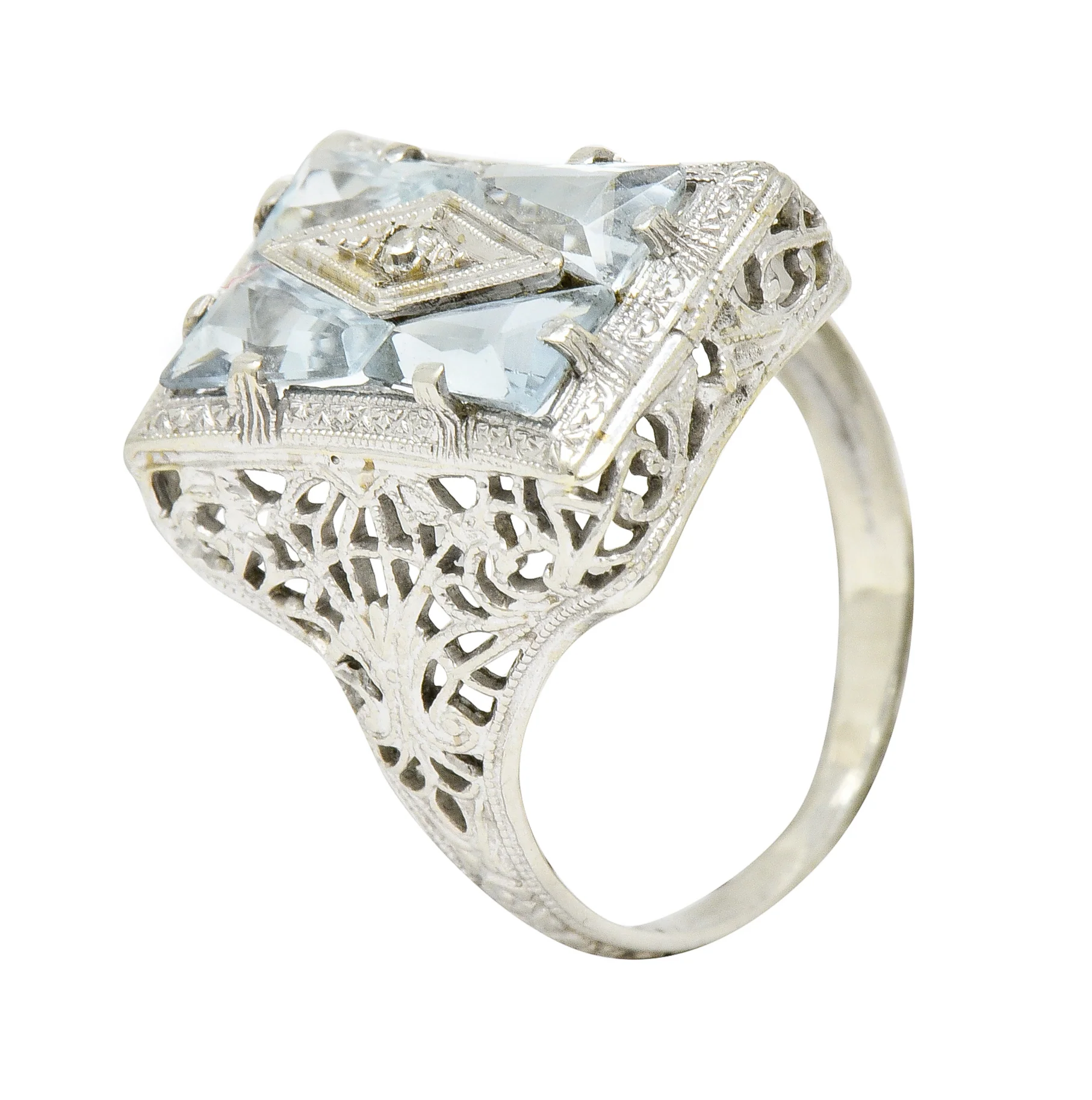Art Deco Aquamarine Diamond 14 Karat White Gold Floral Dinner Ring - Image 9