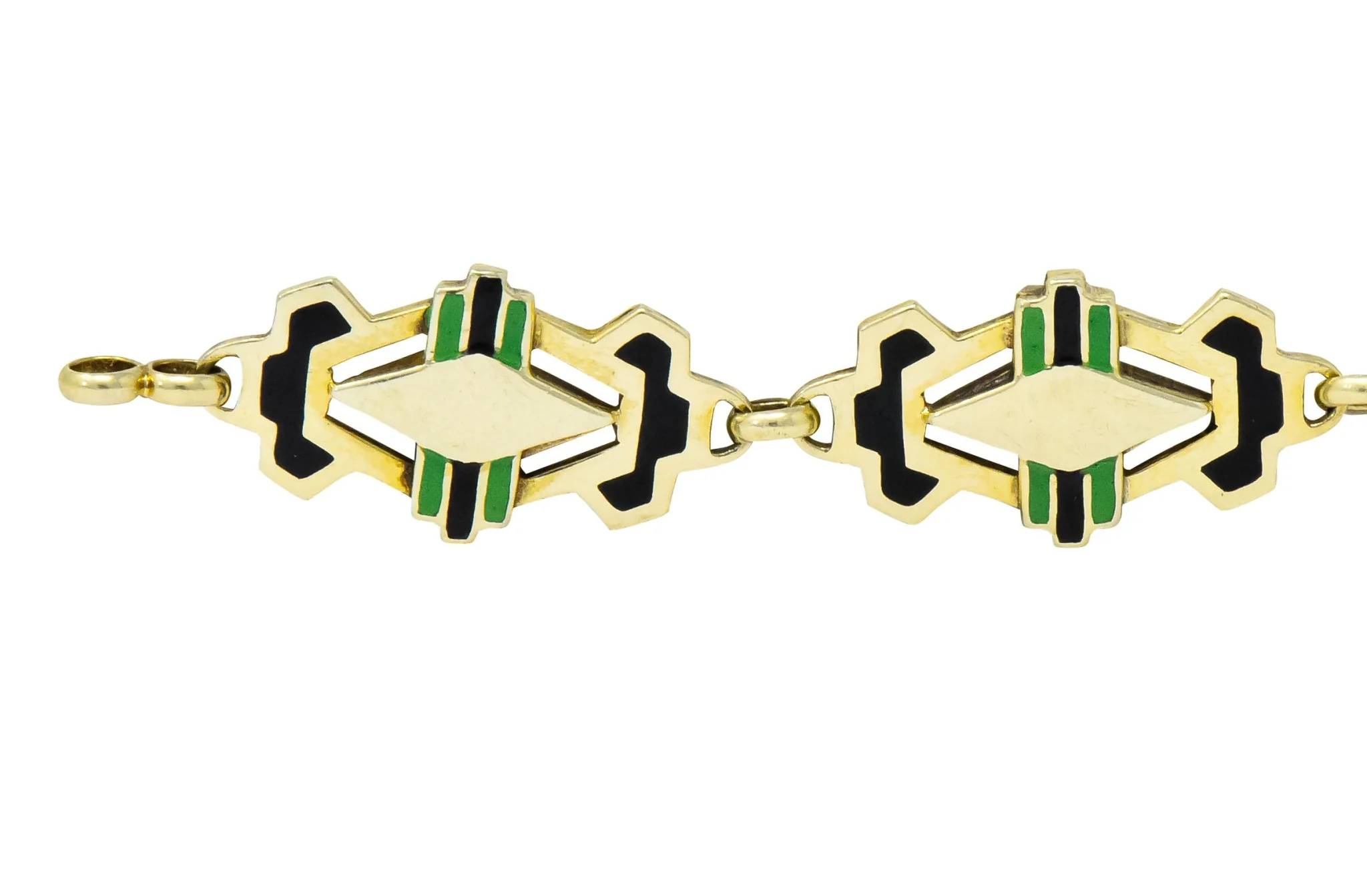 Art Deco Black & Green Enamel 14 Karat Gold Link Bracelet - Image 2