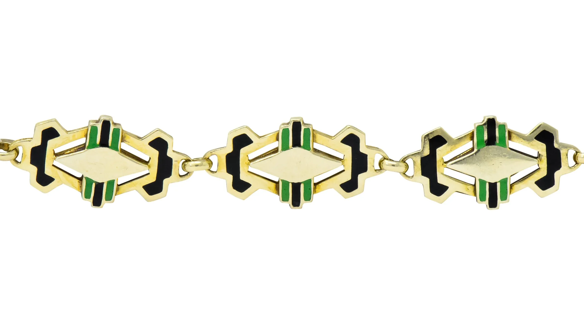Art Deco Black & Green Enamel 14 Karat Gold Link Bracelet - Image 3
