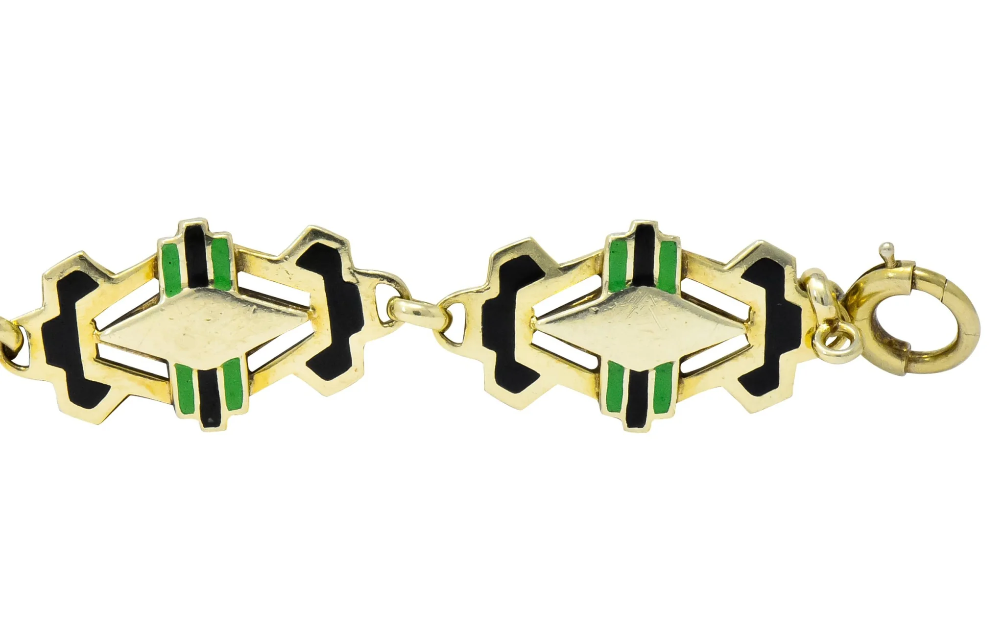 Art Deco Black & Green Enamel 14 Karat Gold Link Bracelet - Image 4