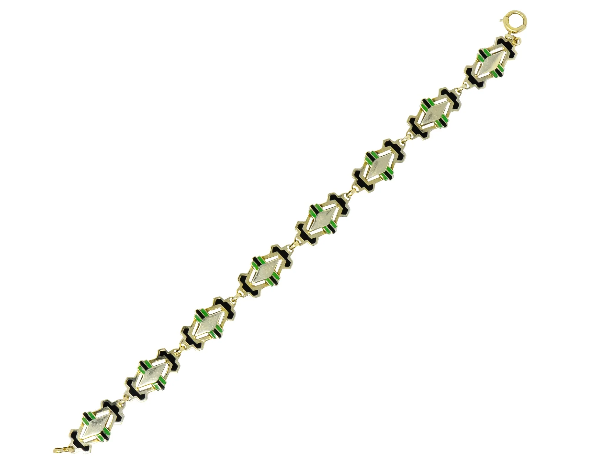 Art Deco Black & Green Enamel 14 Karat Gold Link Bracelet - Image 6