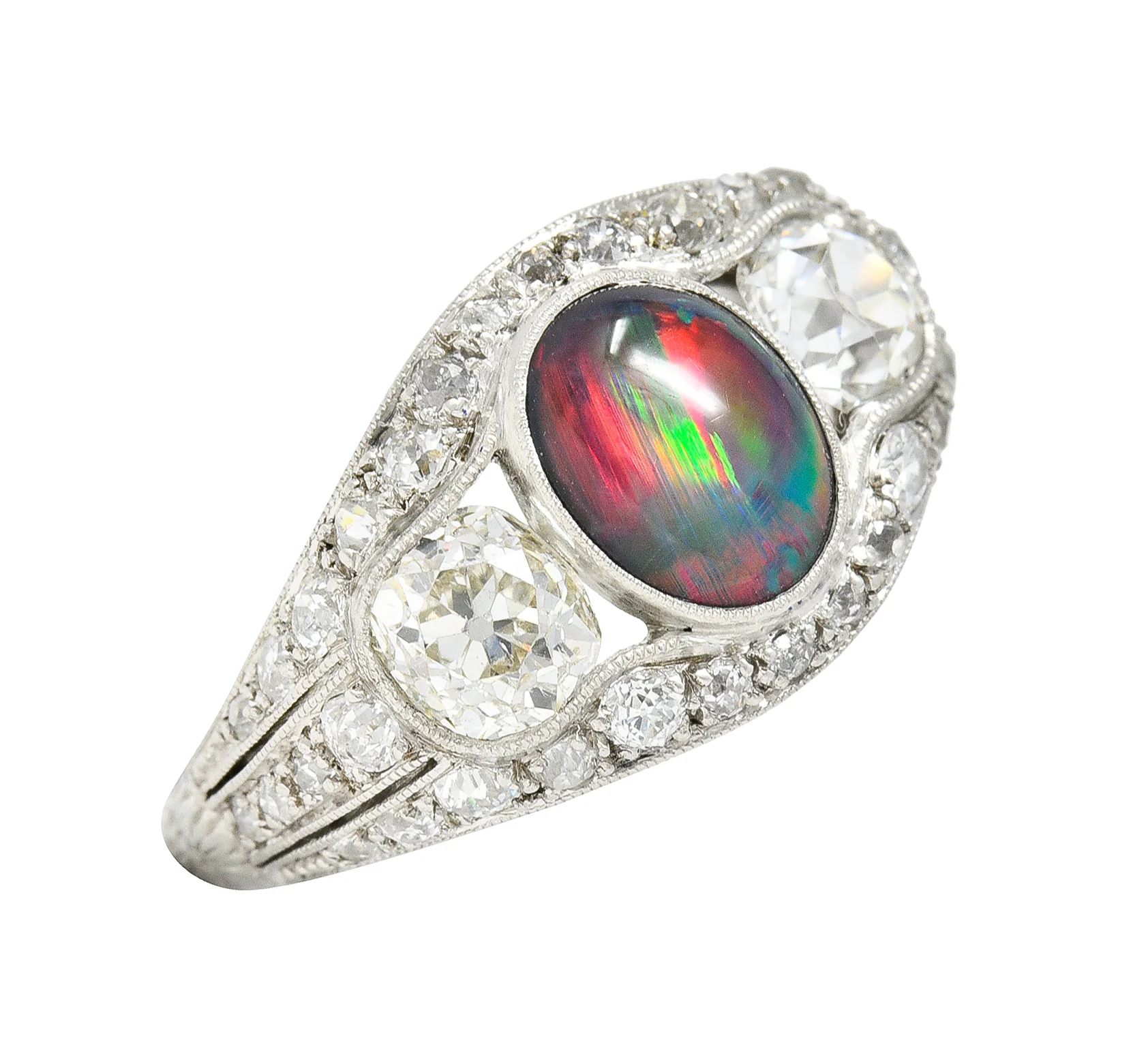 Art Deco Black Opal Cabochon Old Mine Cut Diamond Platinum Antique Bombay Dinner Ring - Image 10