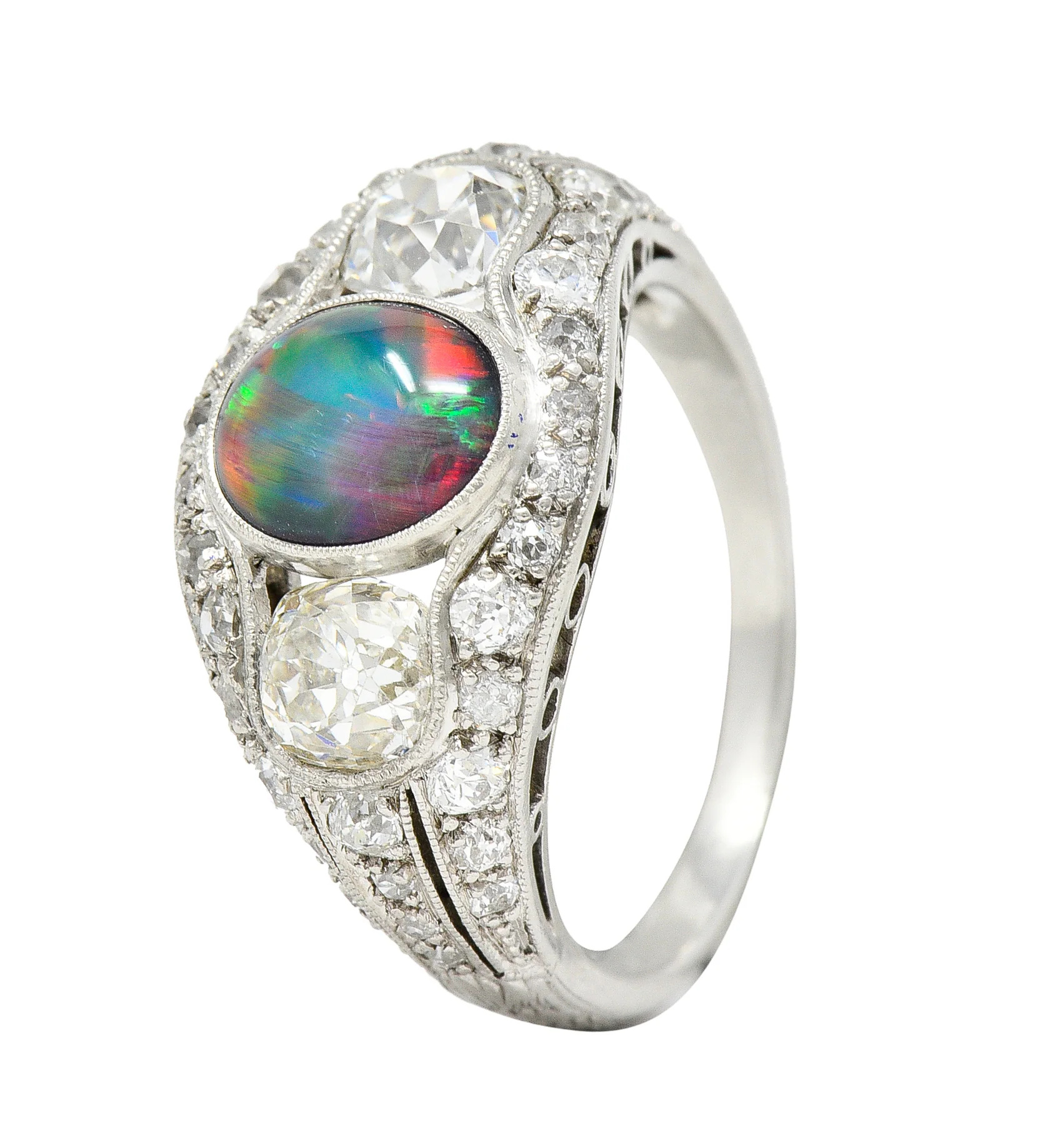 Art Deco Black Opal Cabochon Old Mine Cut Diamond Platinum Antique Bombay Dinner Ring - Image 2