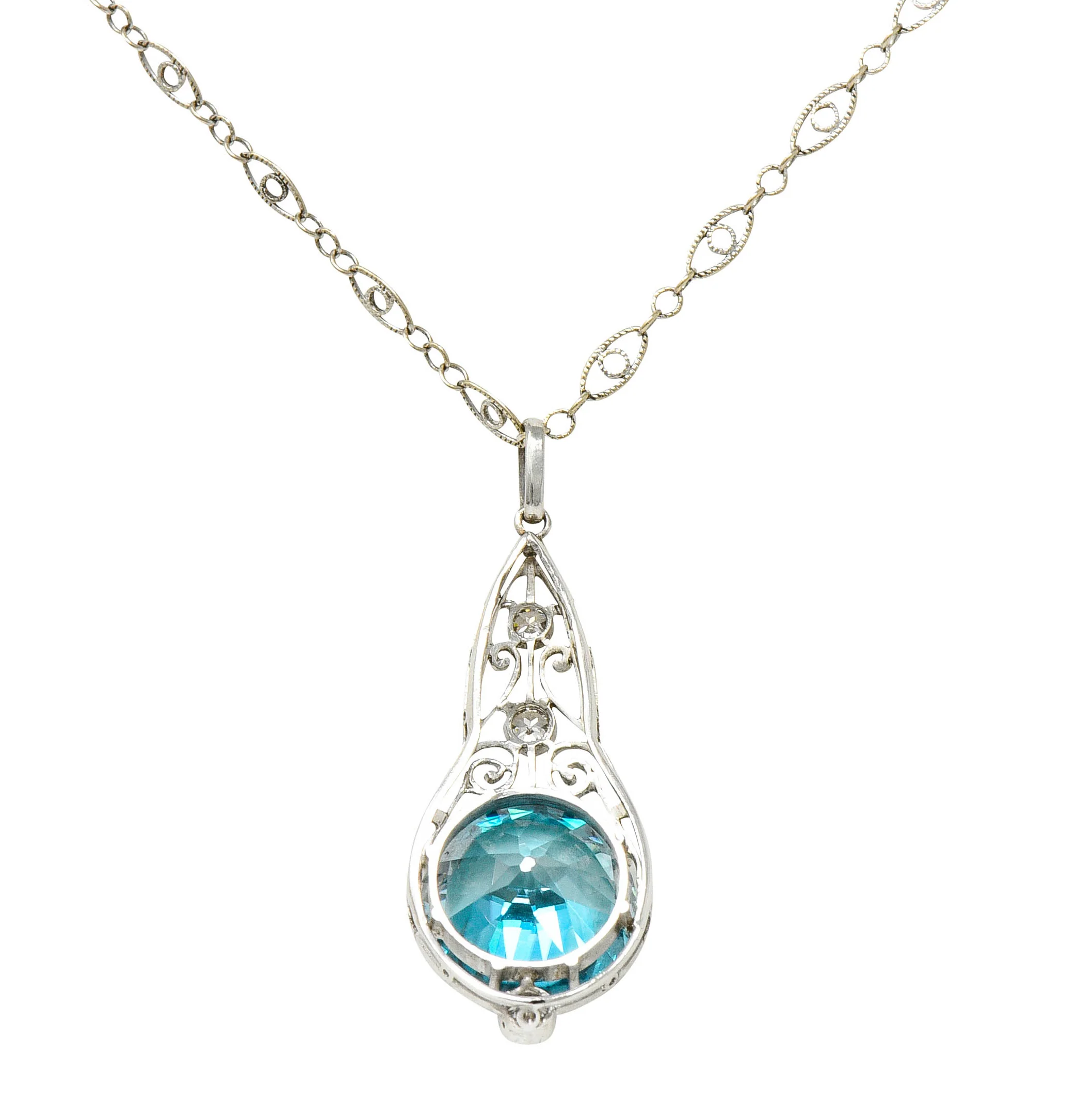 Art Deco Blue Zircon Diamond Platinum Scrolled Pendant Necklace - Image 4