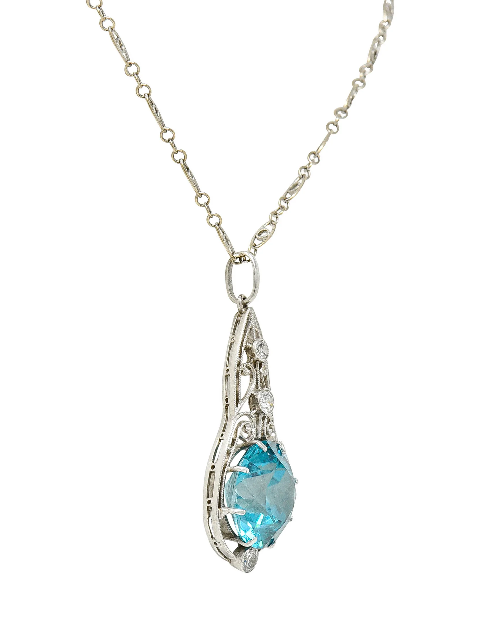 Art Deco Blue Zircon Diamond Platinum Scrolled Pendant Necklace - Image 5