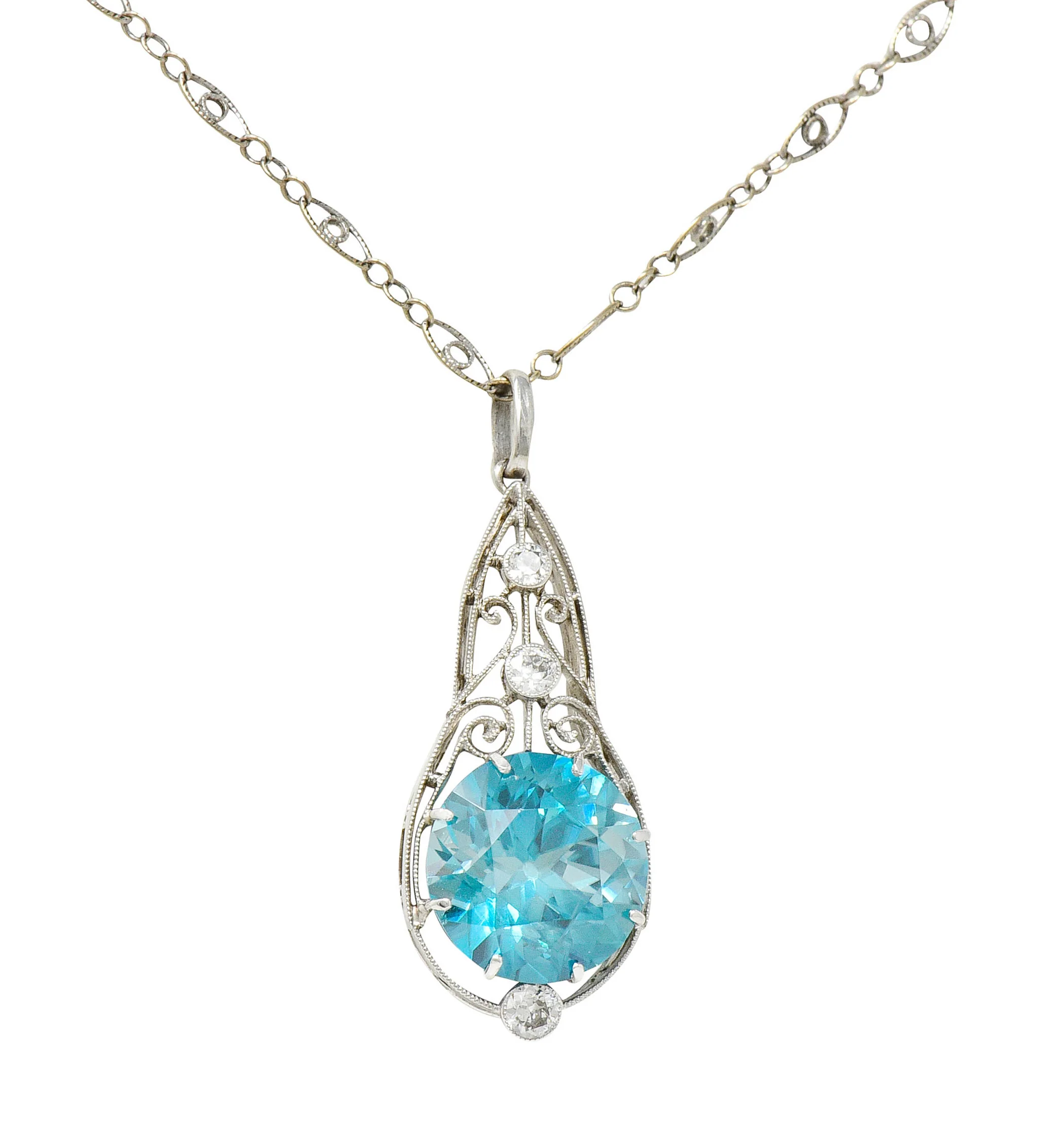 Art Deco Blue Zircon Diamond Platinum Scrolled Pendant Necklace - Image 6