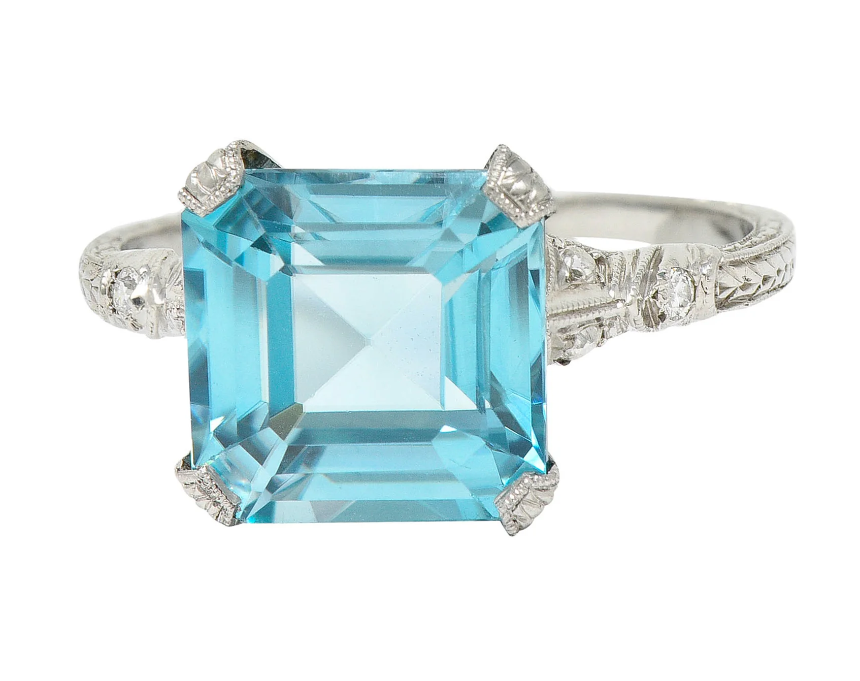 Art Deco Blue Zircon Diamond Platinum Wheat Gemstone Ring
