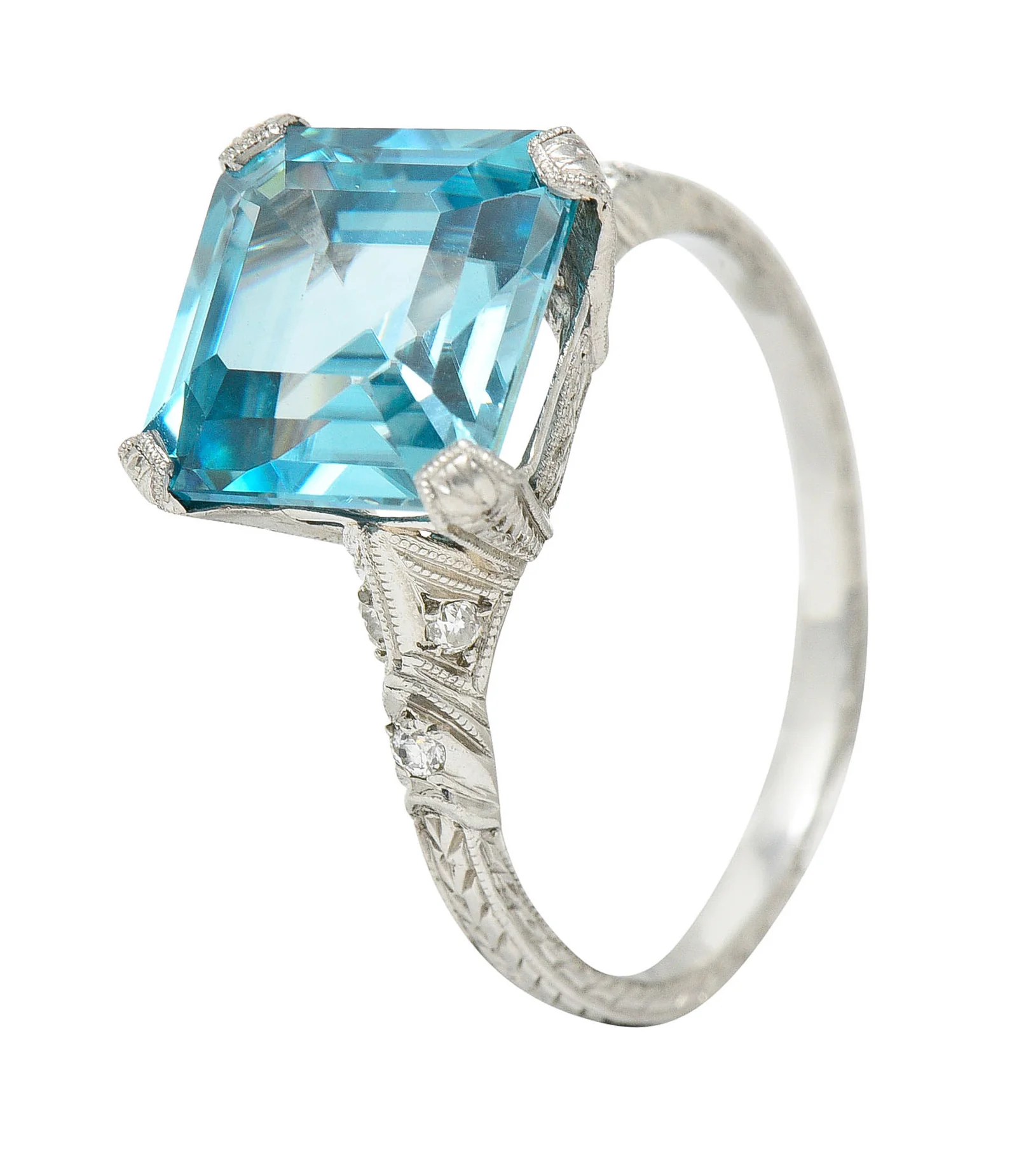 Art Deco Blue Zircon Diamond Platinum Wheat Gemstone Ring - Image 10