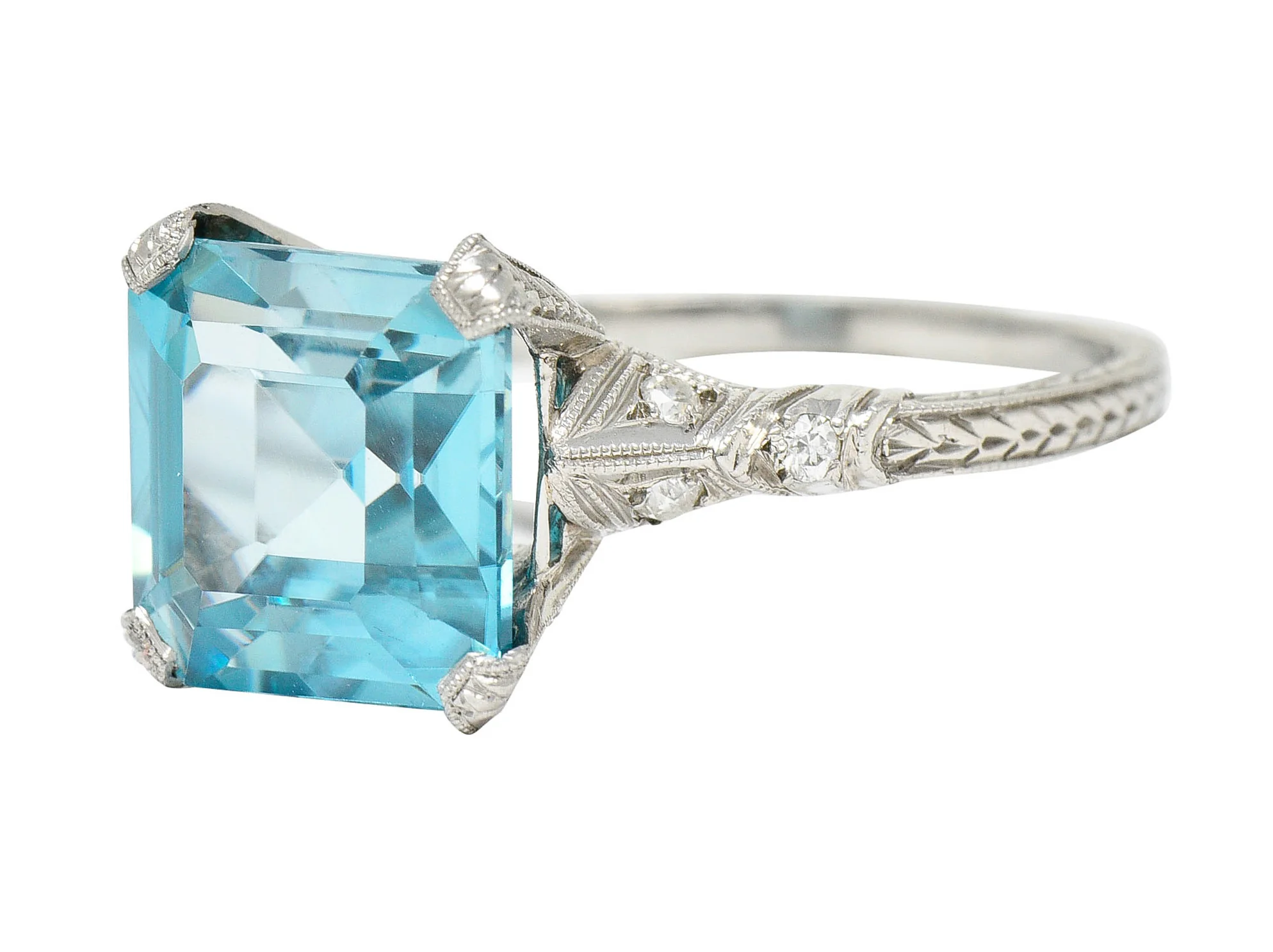 Art Deco Blue Zircon Diamond Platinum Wheat Gemstone Ring - Image 6