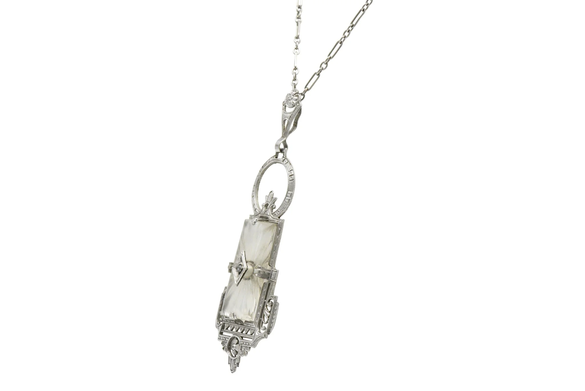 Art Deco Camphor Glass Diamond And 14 Karat White Gold Pendant Necklace - Image 3